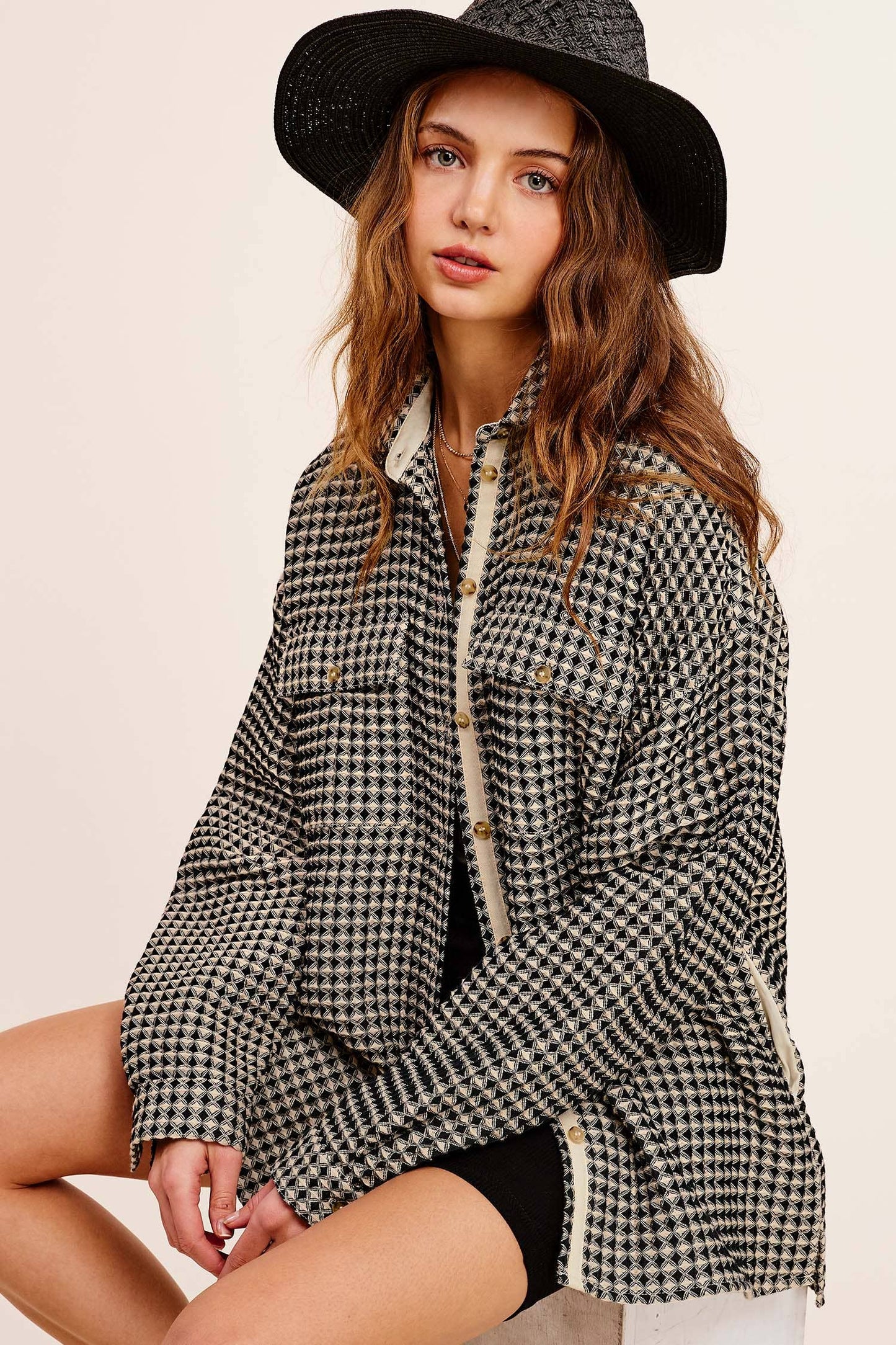 Unique Waffle Textured Oversized Button Down Shacket