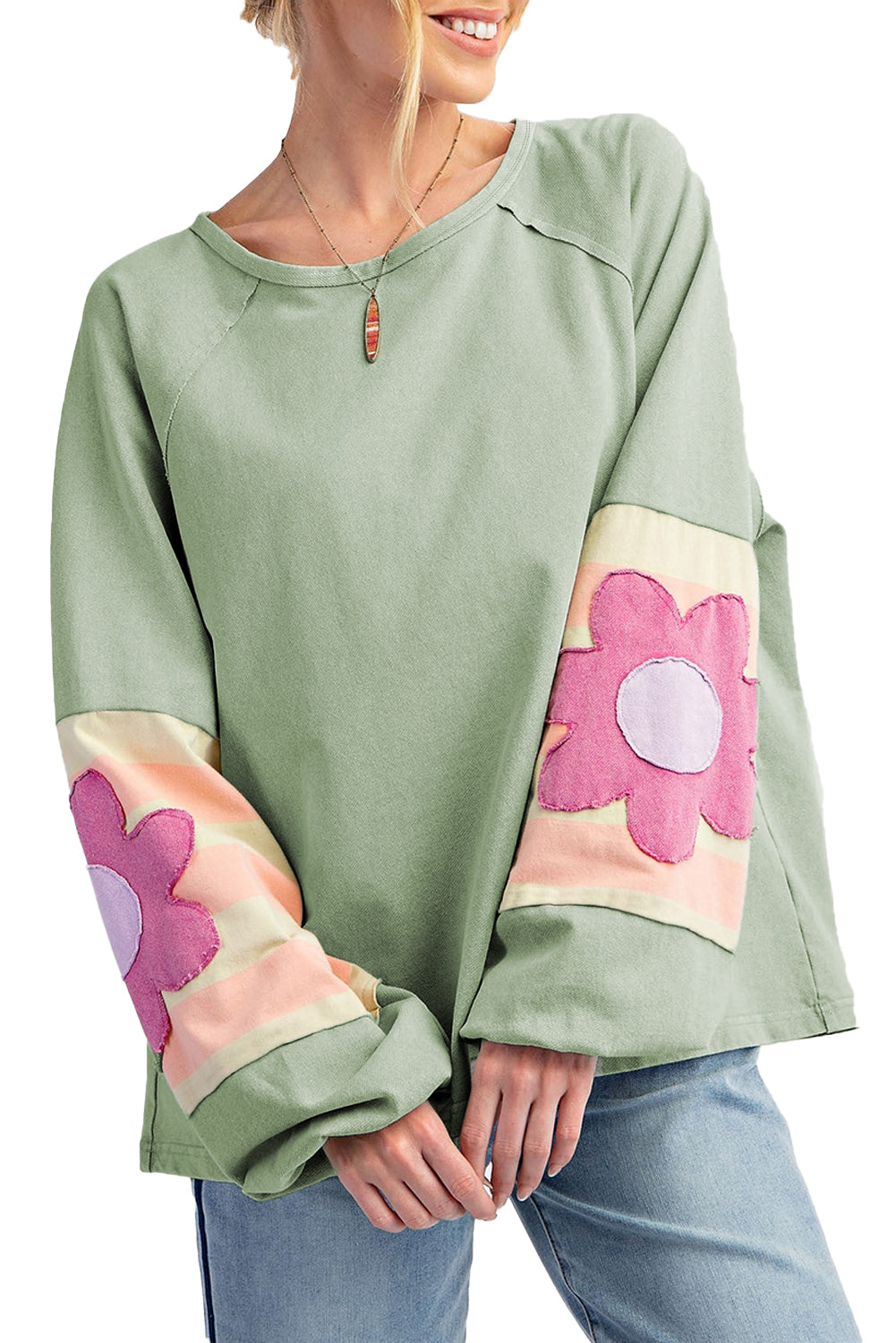 Smoke Green Flower Patchwork Exposed Seam Raglan Sleeve Top