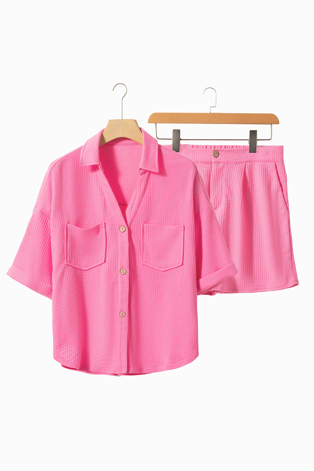 Bright Pink Textured Chest Pocket Half Sleeve Shirt Shorts Set