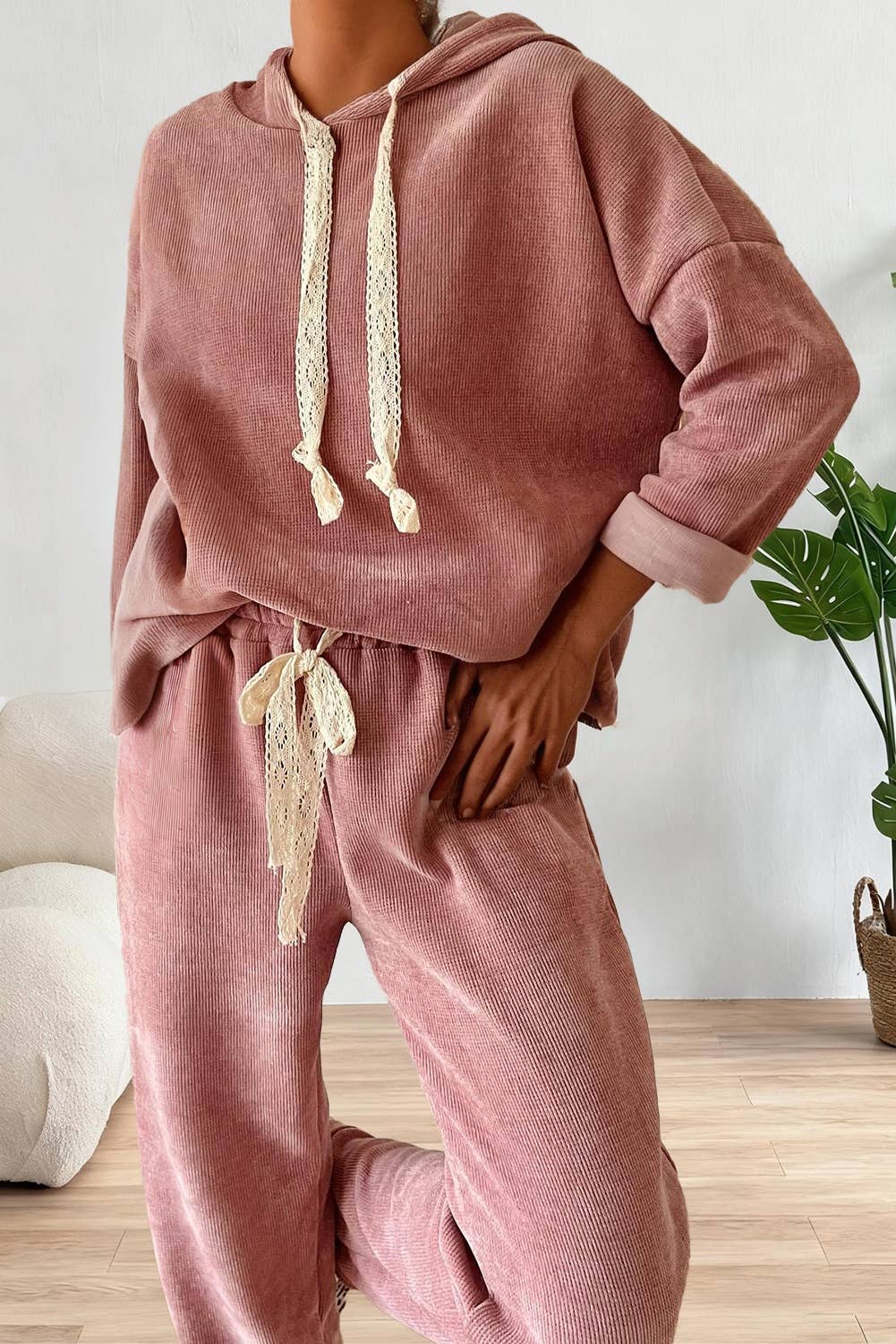 Drawstring Pullover Hoodie and High Waist Pants Corduroy Set