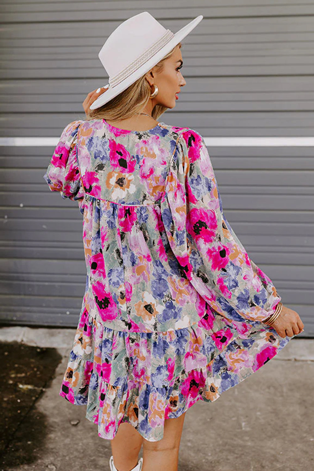 Multicolor Boho Floral Print Tie Neck Smocked Dress