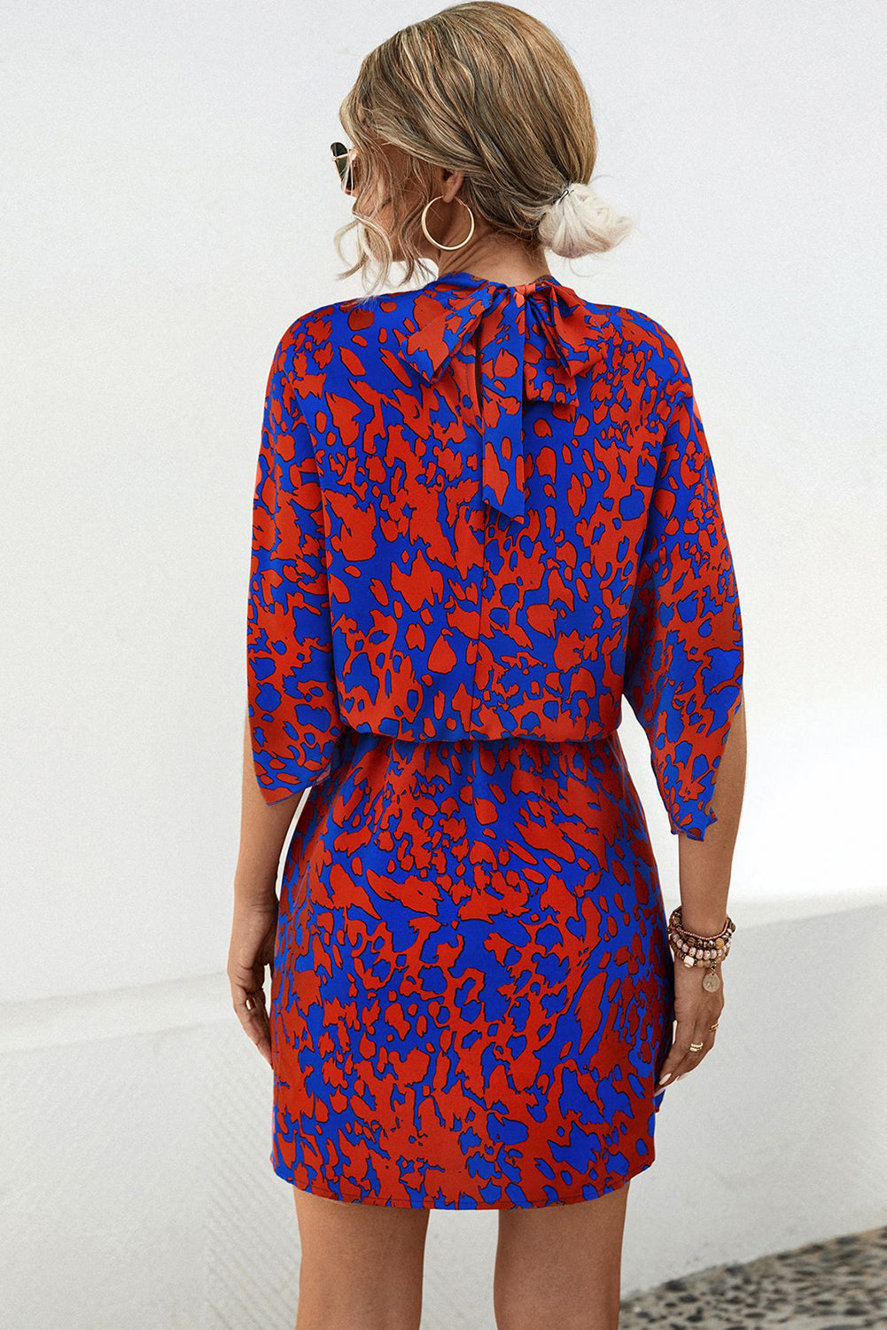 Blue Boho Print Tie Mock Neck A Line Mini Dress