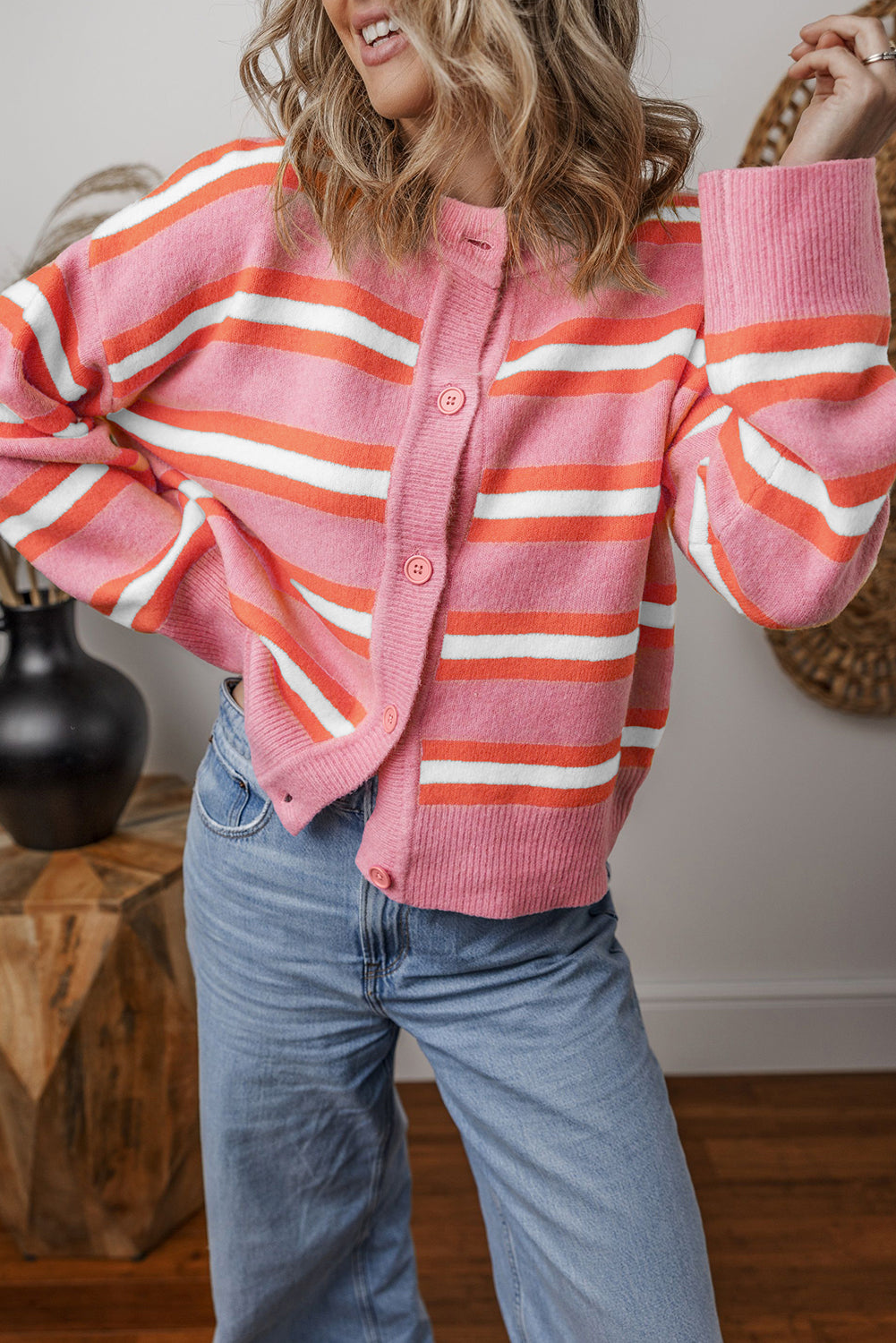 Pink Stripe Button-up Short Cardigan