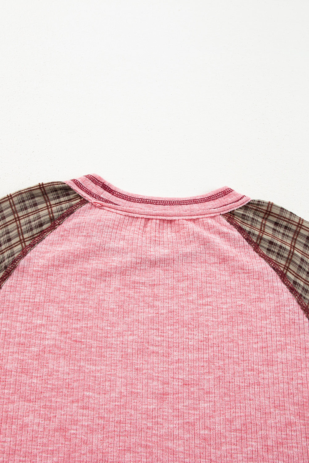 Fushia Floral Plaid Mixed Print Patchwork Raglan Ribbed Top