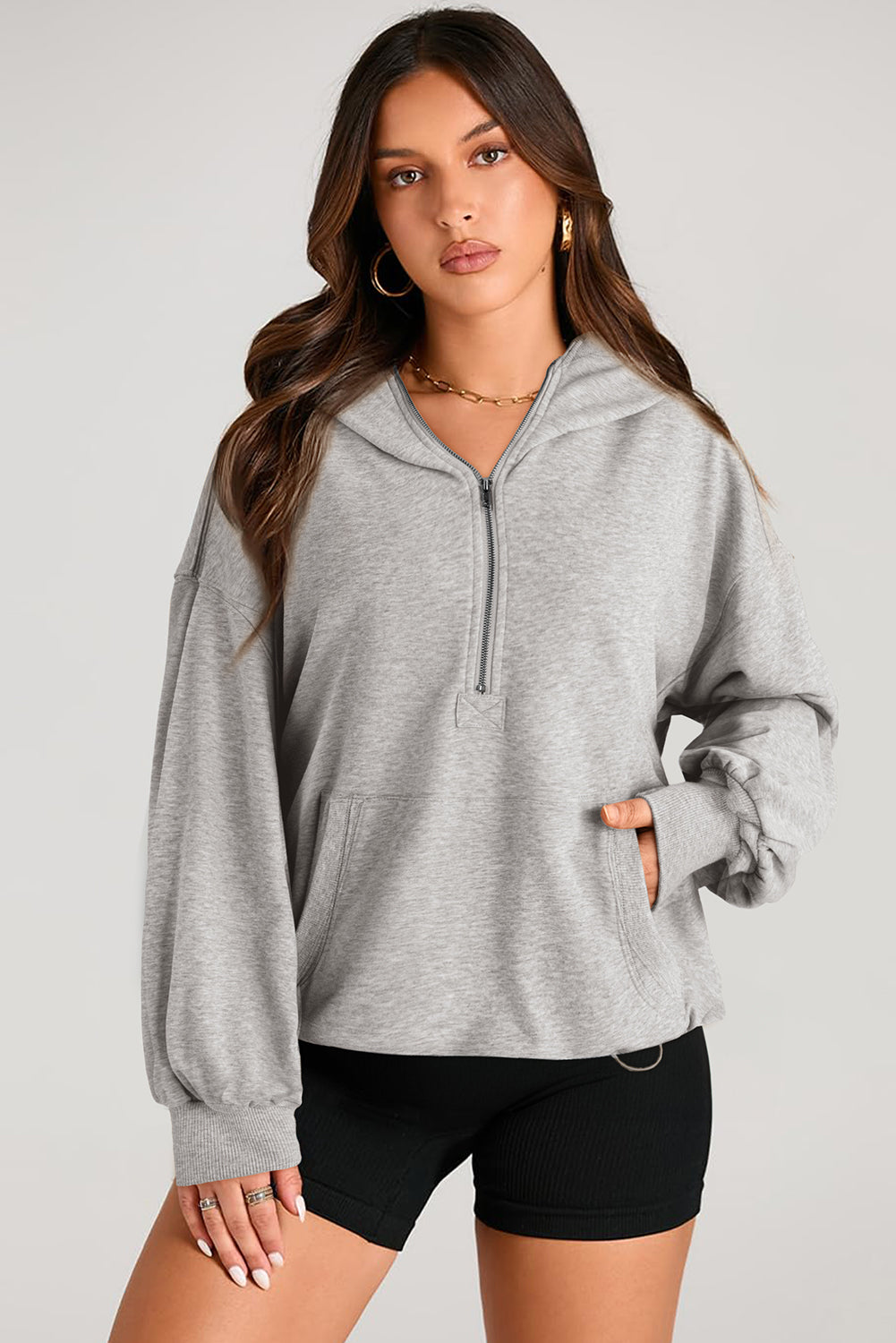 Parchment Kangaroo Pocket Half Zipper Oversized Hoodie