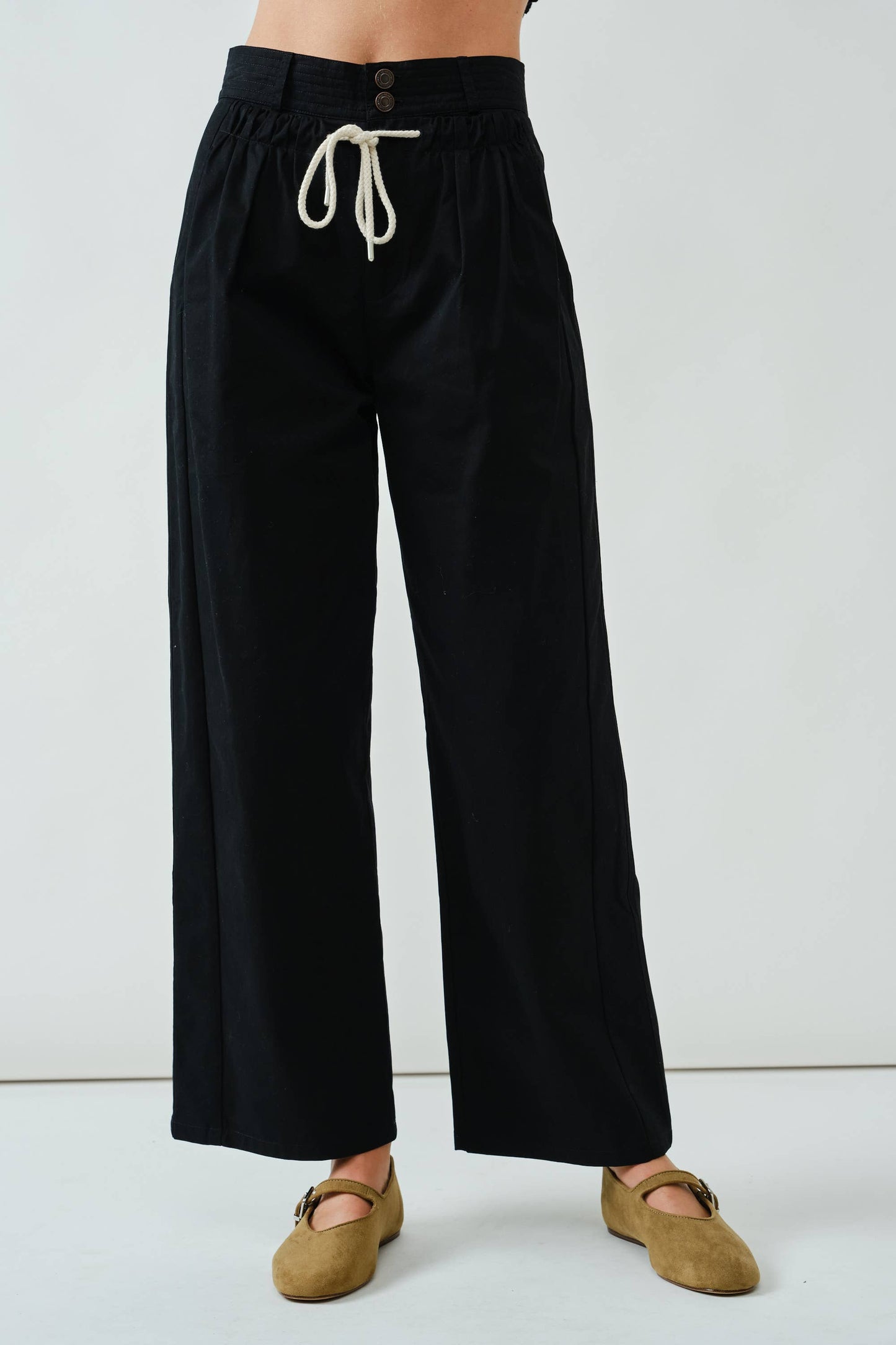 FRONT SHIRRING DETAIL DRAWSTRING STRAIGHT PANTS