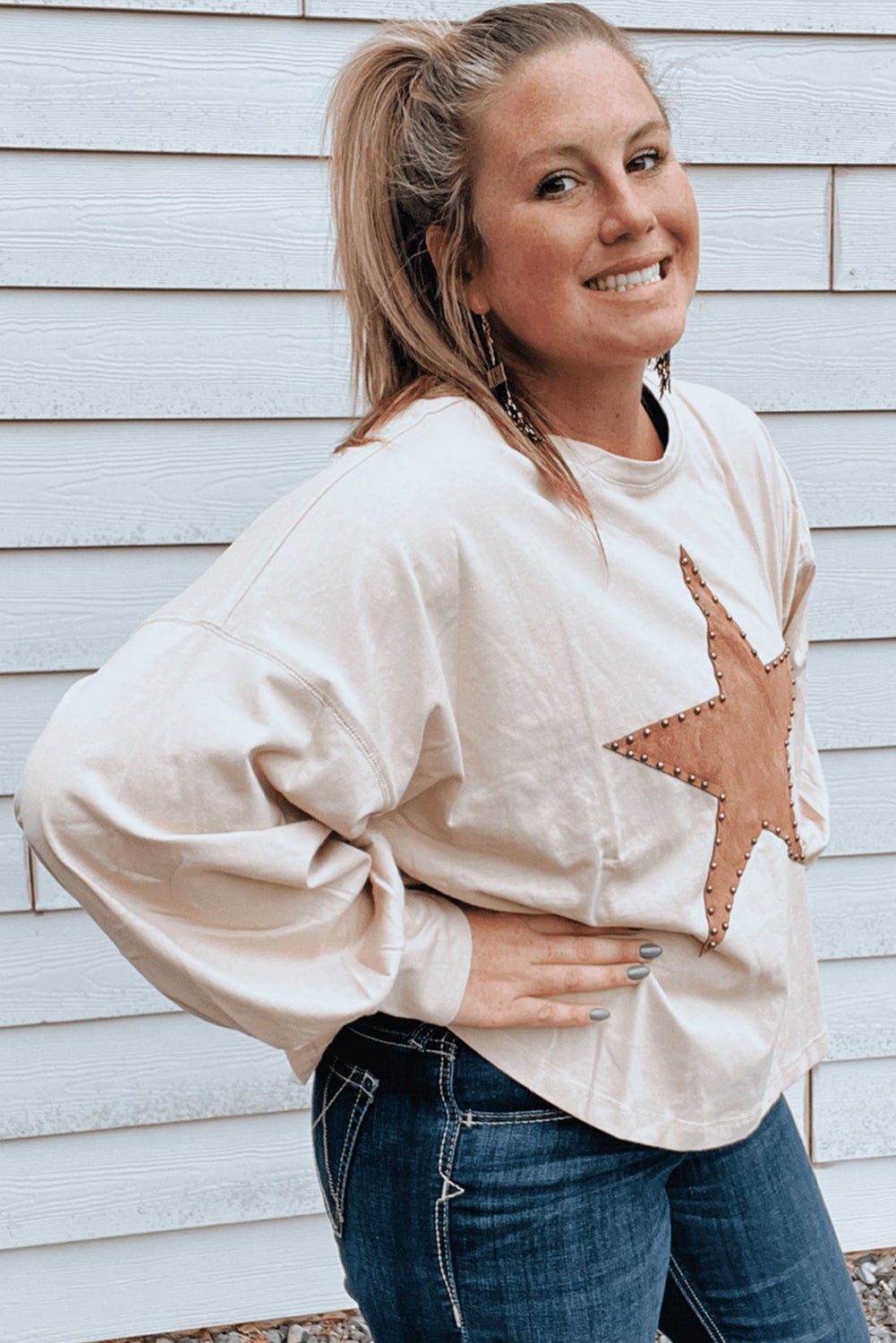 Beige Star Pattern Studded Crew Neck Plus Size Top