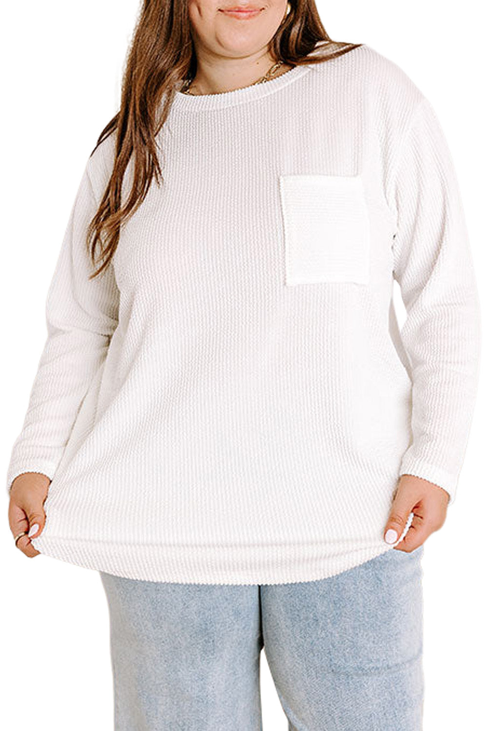 White Plus Size Ribbed Textured Pocketed Long Sleeve Top