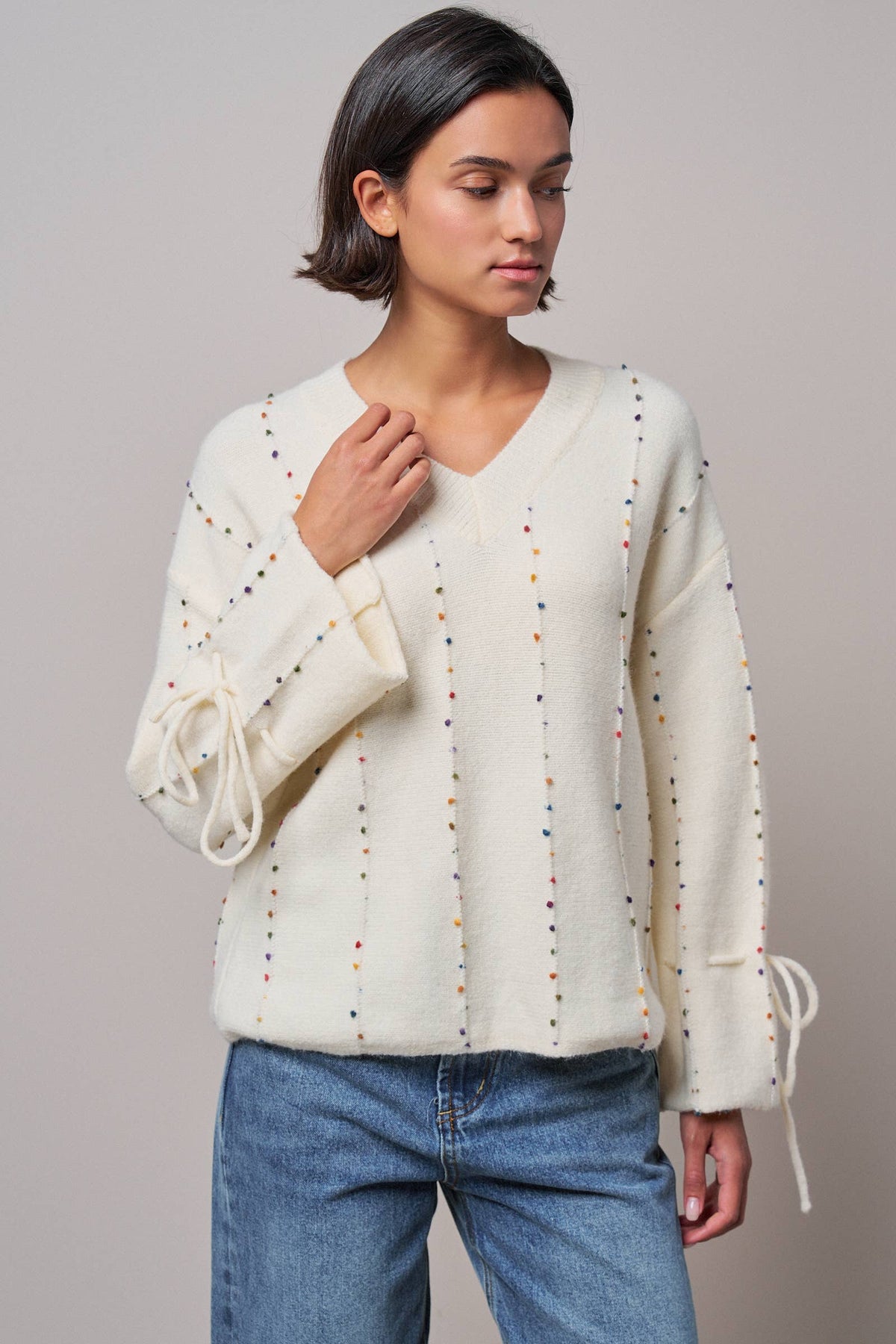 Multicolor Dot Stitch V-Neck Tie Sleeve Sweater