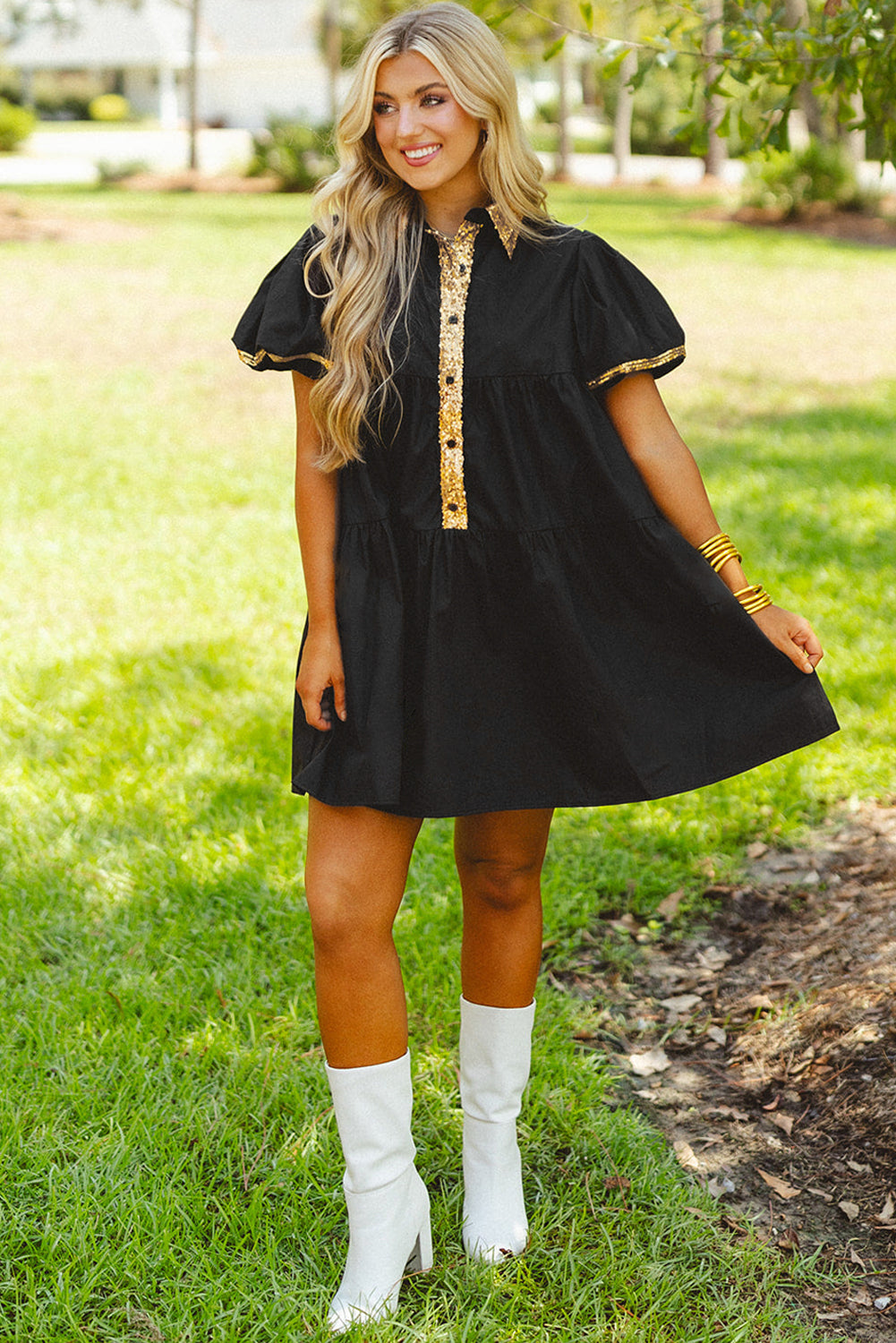 Wholesale Black Sequin Trim Bubble Sleeve Tiered Mini Dress