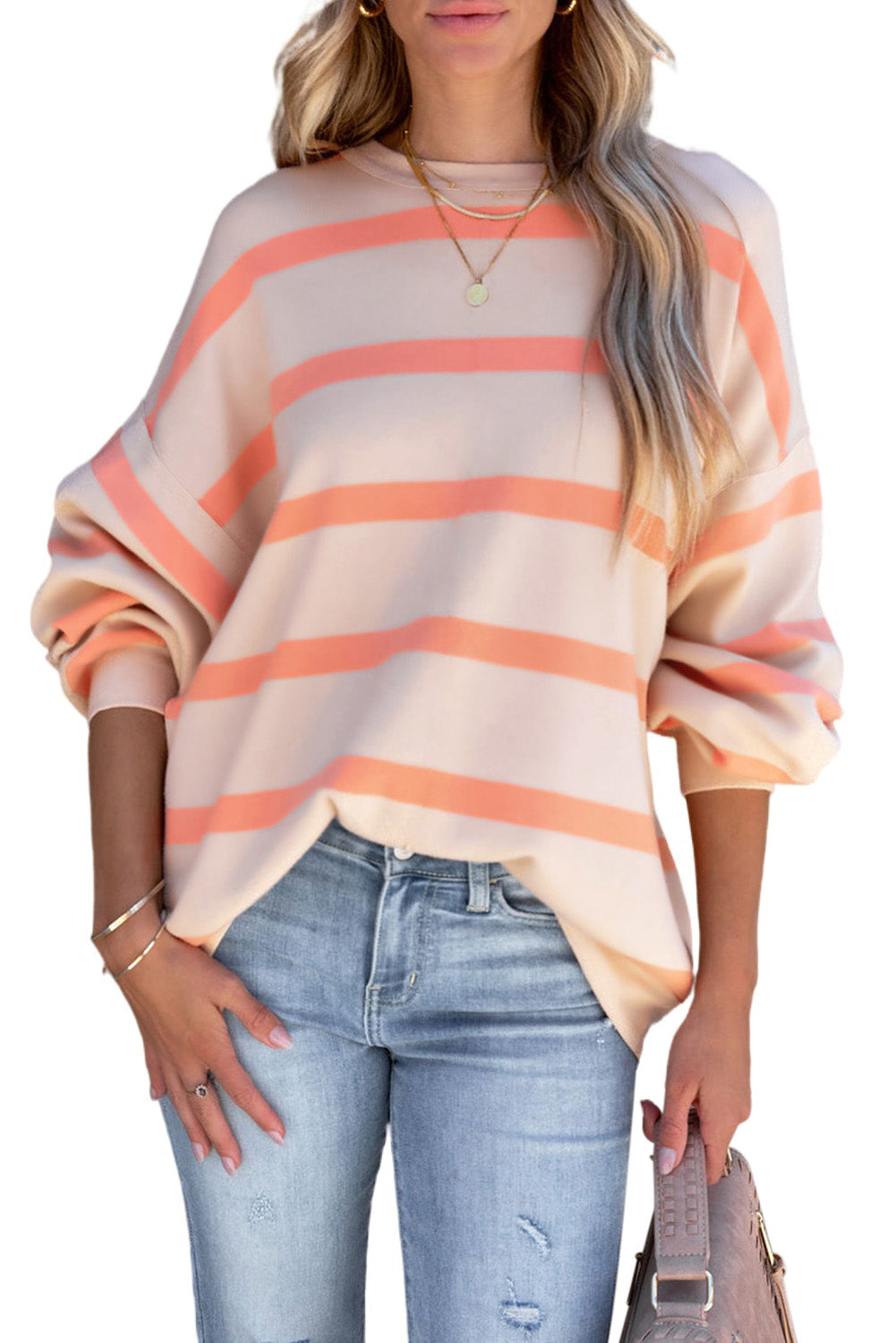 Orange Striped Print Drop Shoulder Pullover Sweatshirt