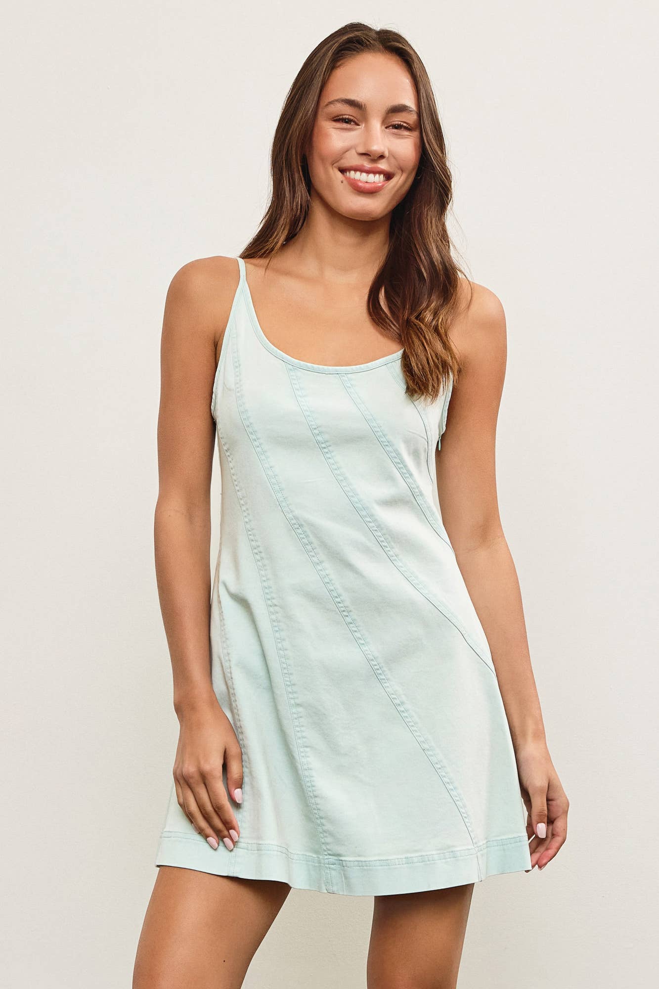 DIAGONAL SEAM DENIM STRAP DRESS