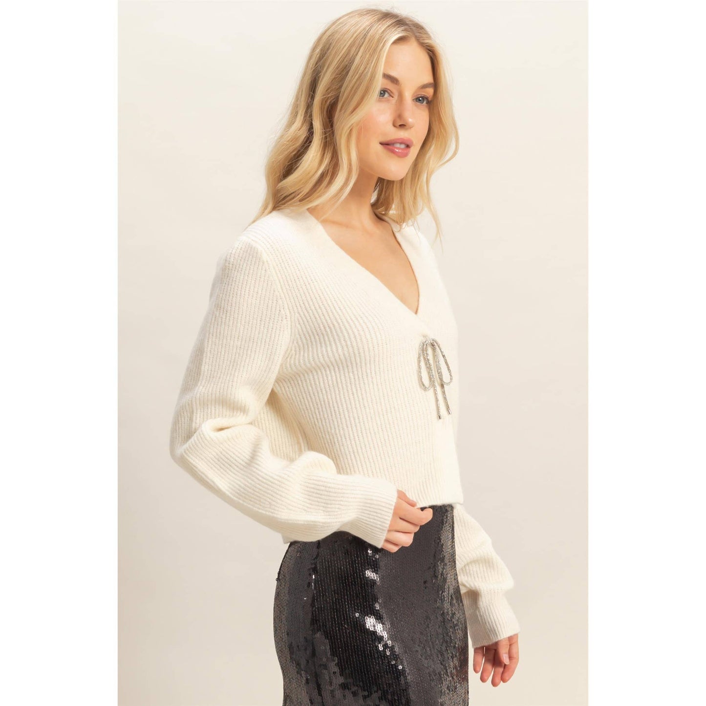 Sparkly Bow Embellished Cozy Cardigan