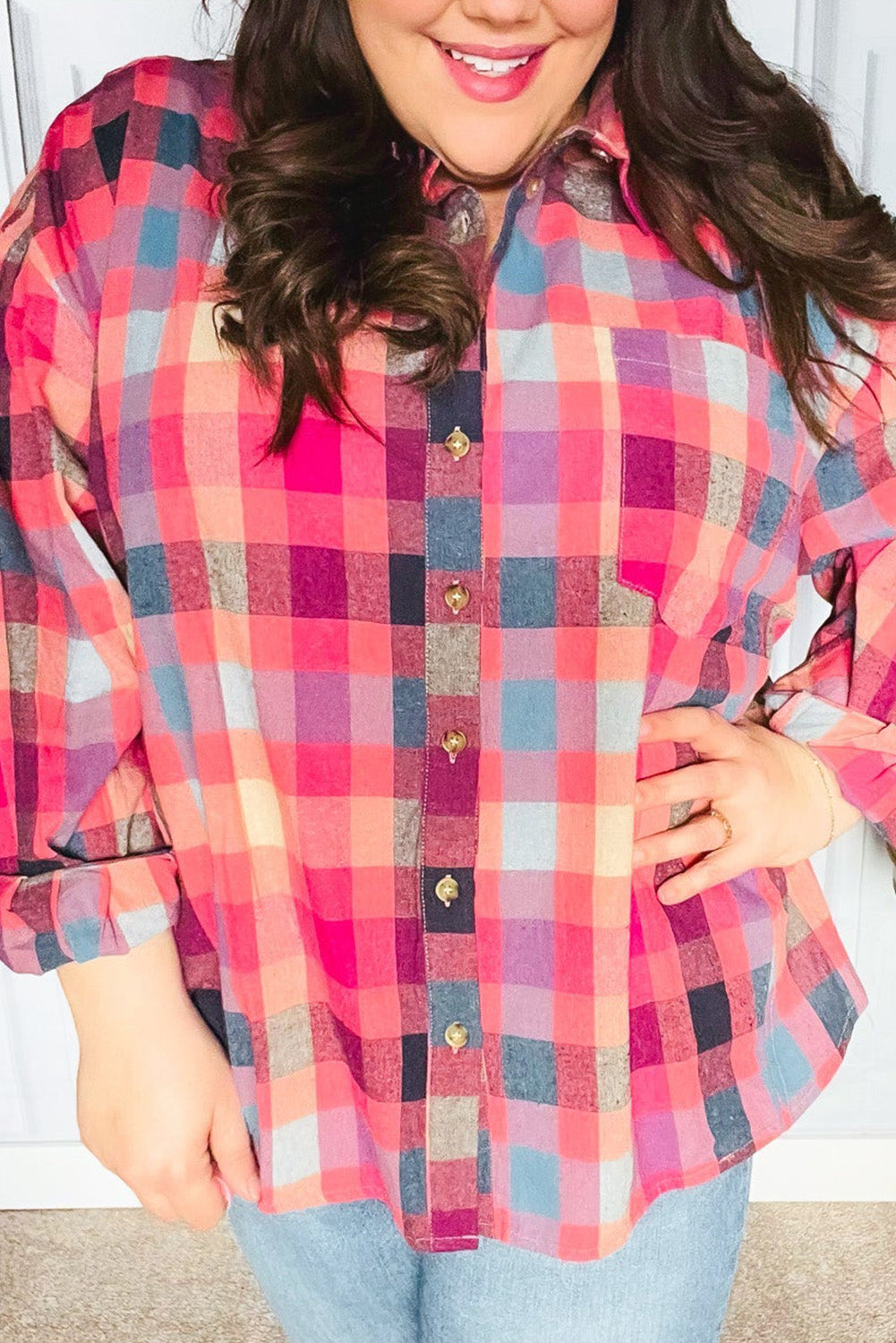 Rose Checkered Print Button-up Plus Size Shirt