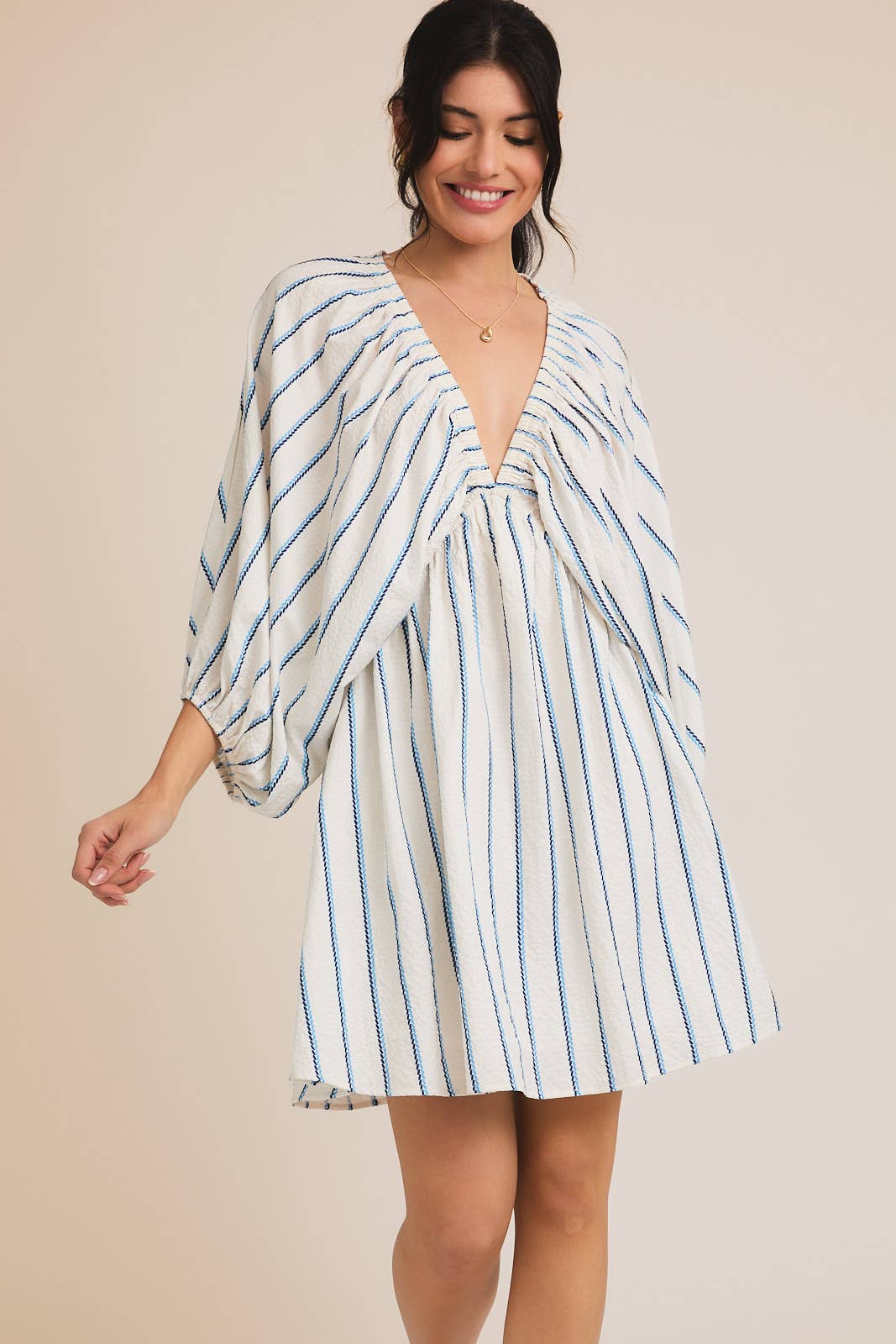 V-NECK BALOON 3/4' SLEEVE STRIPE DRESS