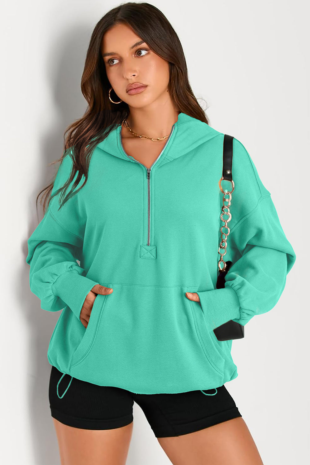 Parchment Kangaroo Pocket Half Zipper Oversized Hoodie