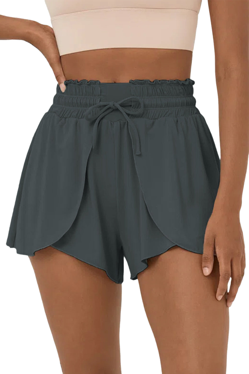 Dark Grey Frill High Waist Petal Wrap Swim Shorts