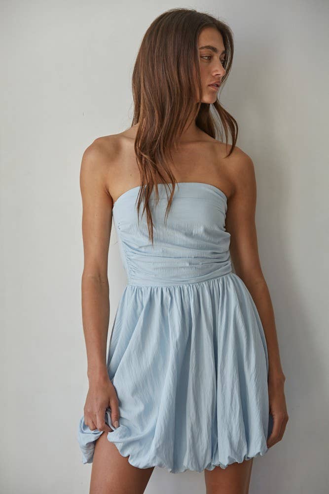 Woven Cotton Nylon Strapless Bubble Mini Dress