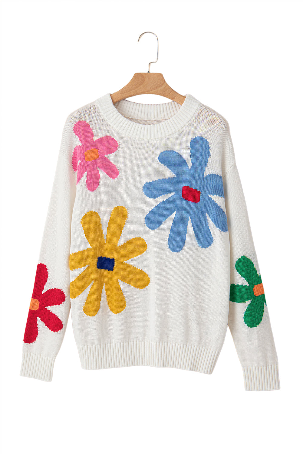 White Colorful Flower Pattern Crewneck Knitted Sweater