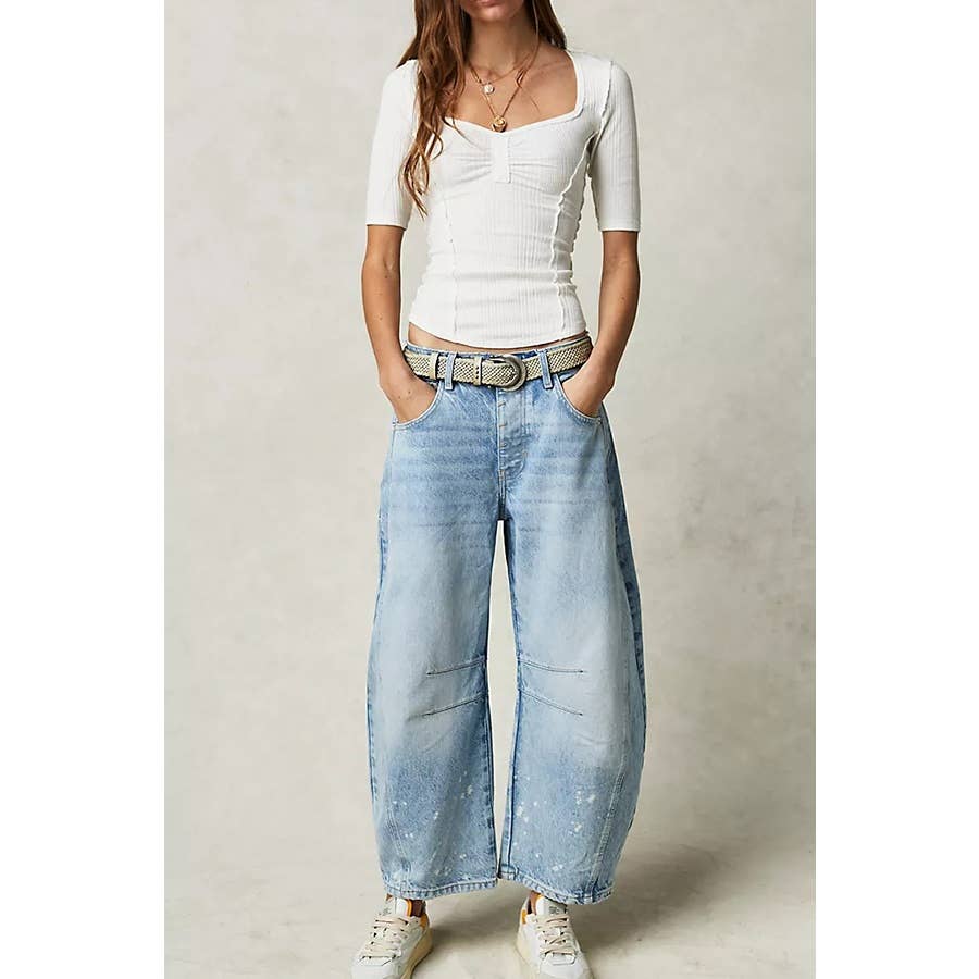 Casual Wide Leg Loose Mid Low Waist Washed Denim