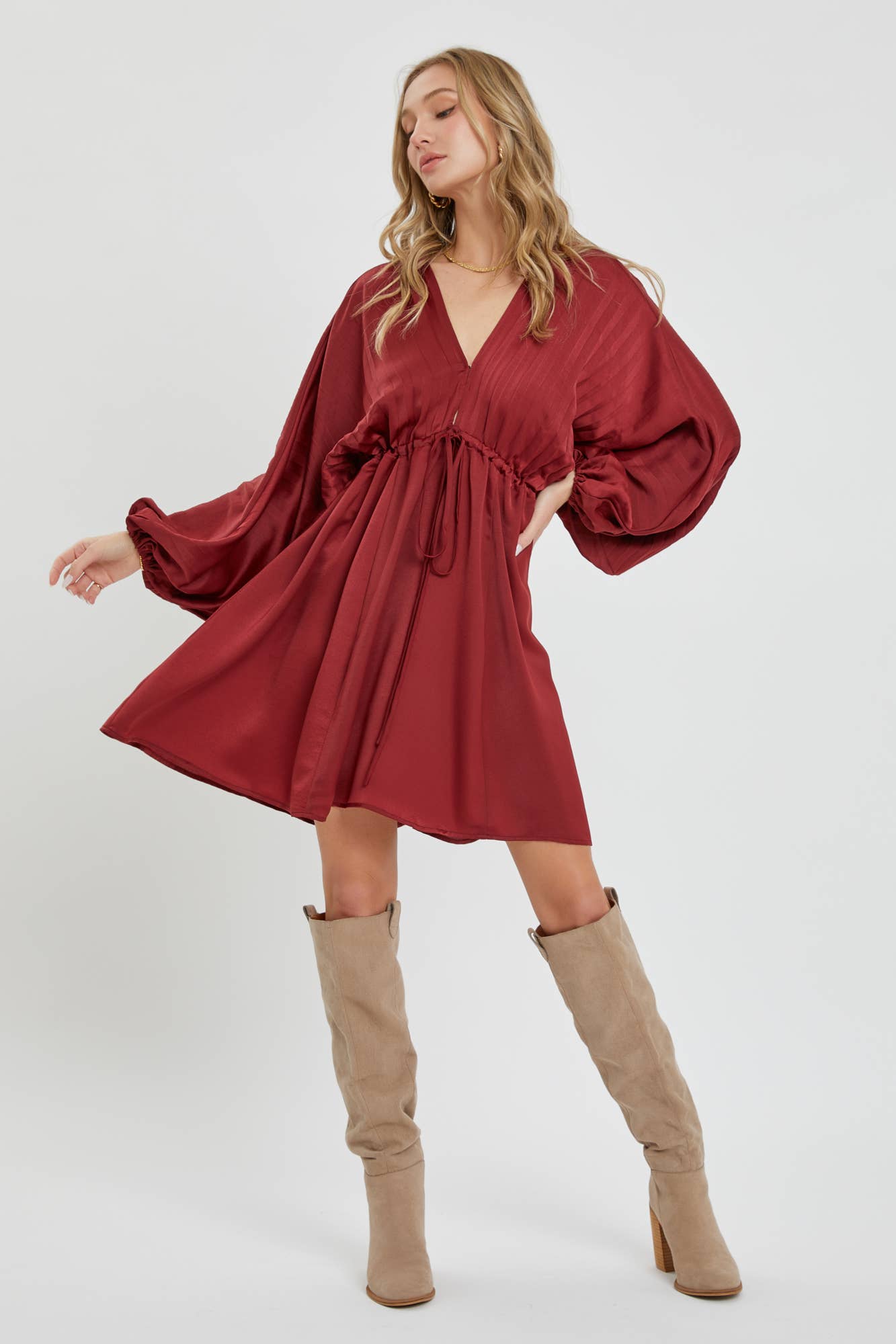 SATIN V NECK PLEATED DRESS