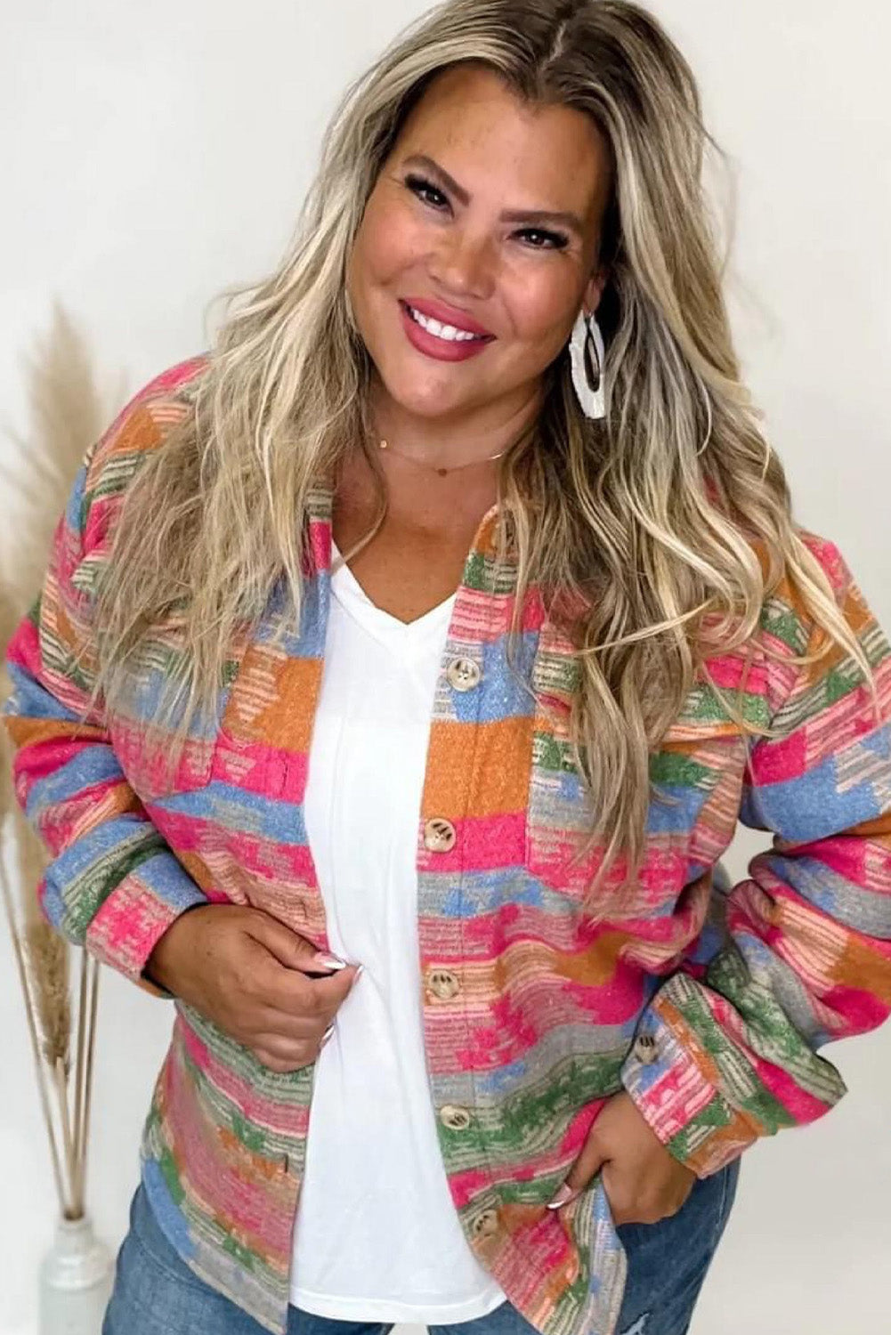 Pink Geometric Print Flap Pocket Plus Size Shacket