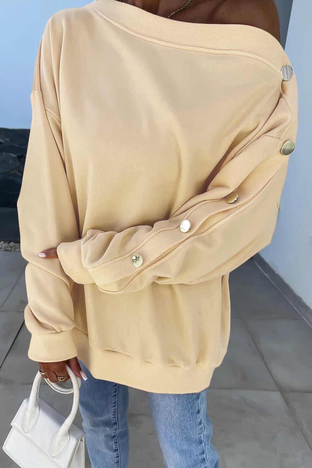 Beige Buttoned Sleeve Asymmetric Neck Oversized Sweatshirt