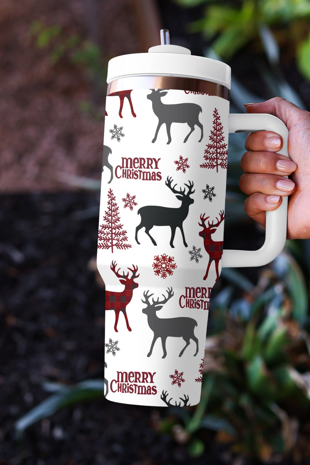 White Merry Christmas Tree Snowflake Elk Print 40 oz Tumbler Cup