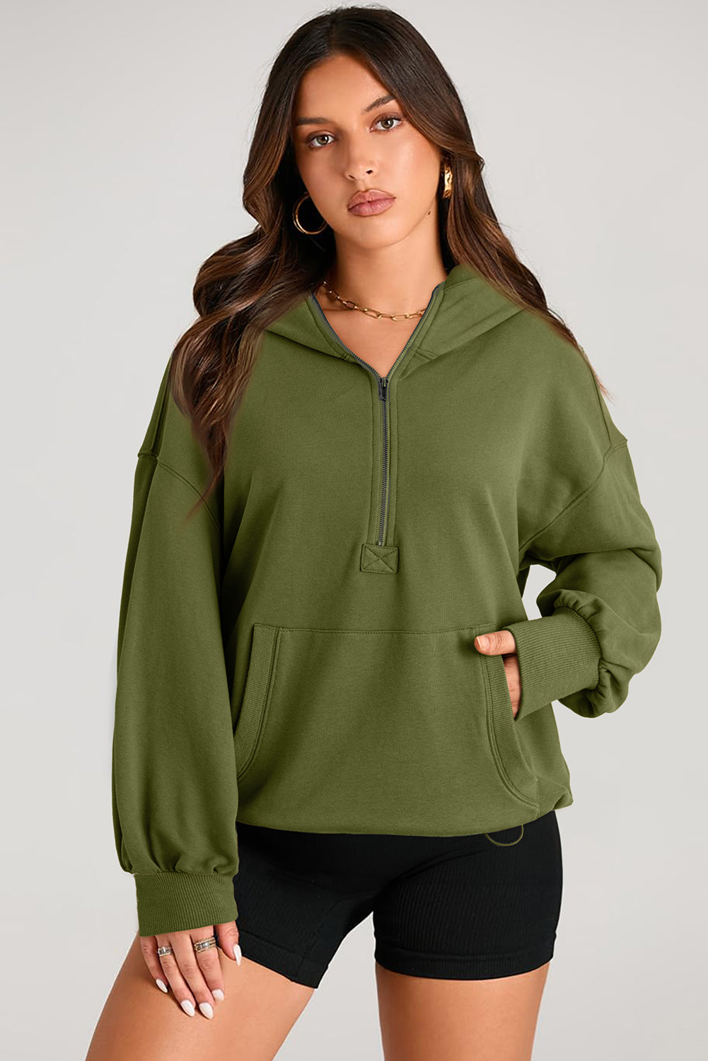 Parchment Kangaroo Pocket Half Zipper Oversized Hoodie