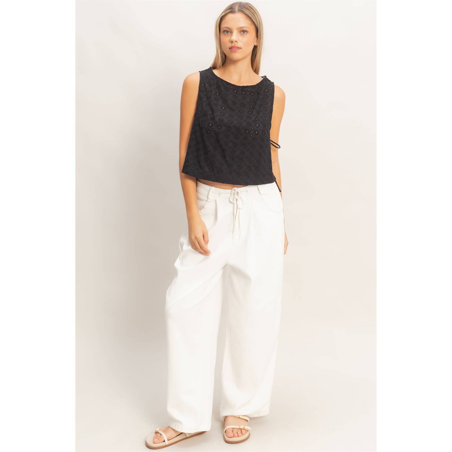 Sleeveless Textured Eyelet Top with Side Straps
