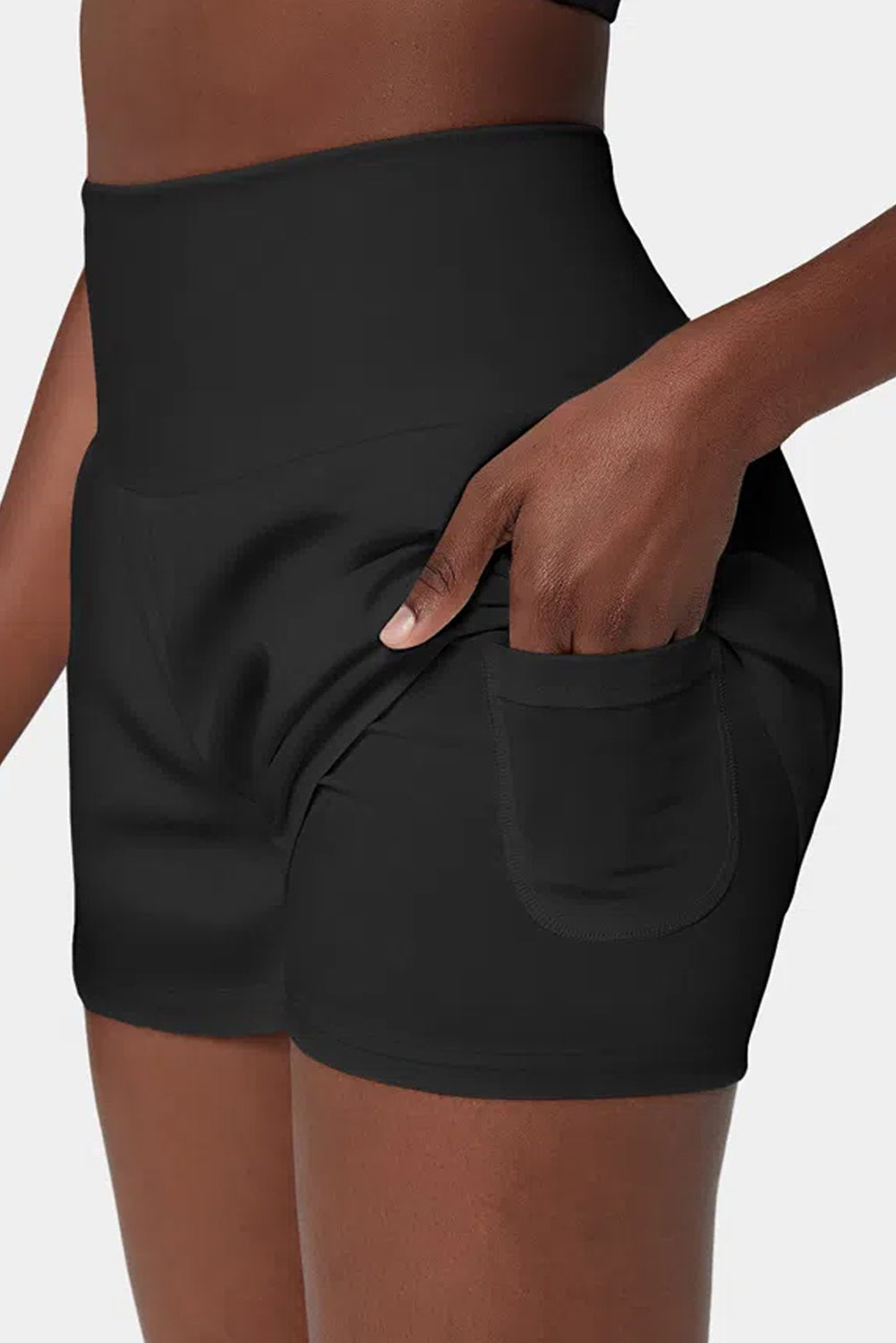 Black Pocketed High Waisted Swim Shorts