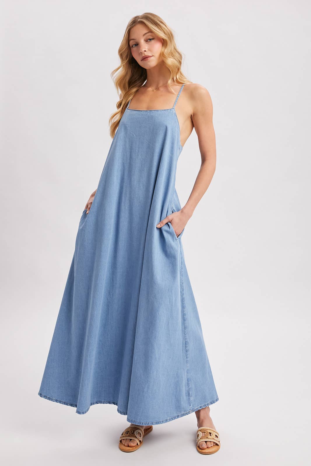 DENIM OPEN BACK SLEEVELESS MAXI DRESS