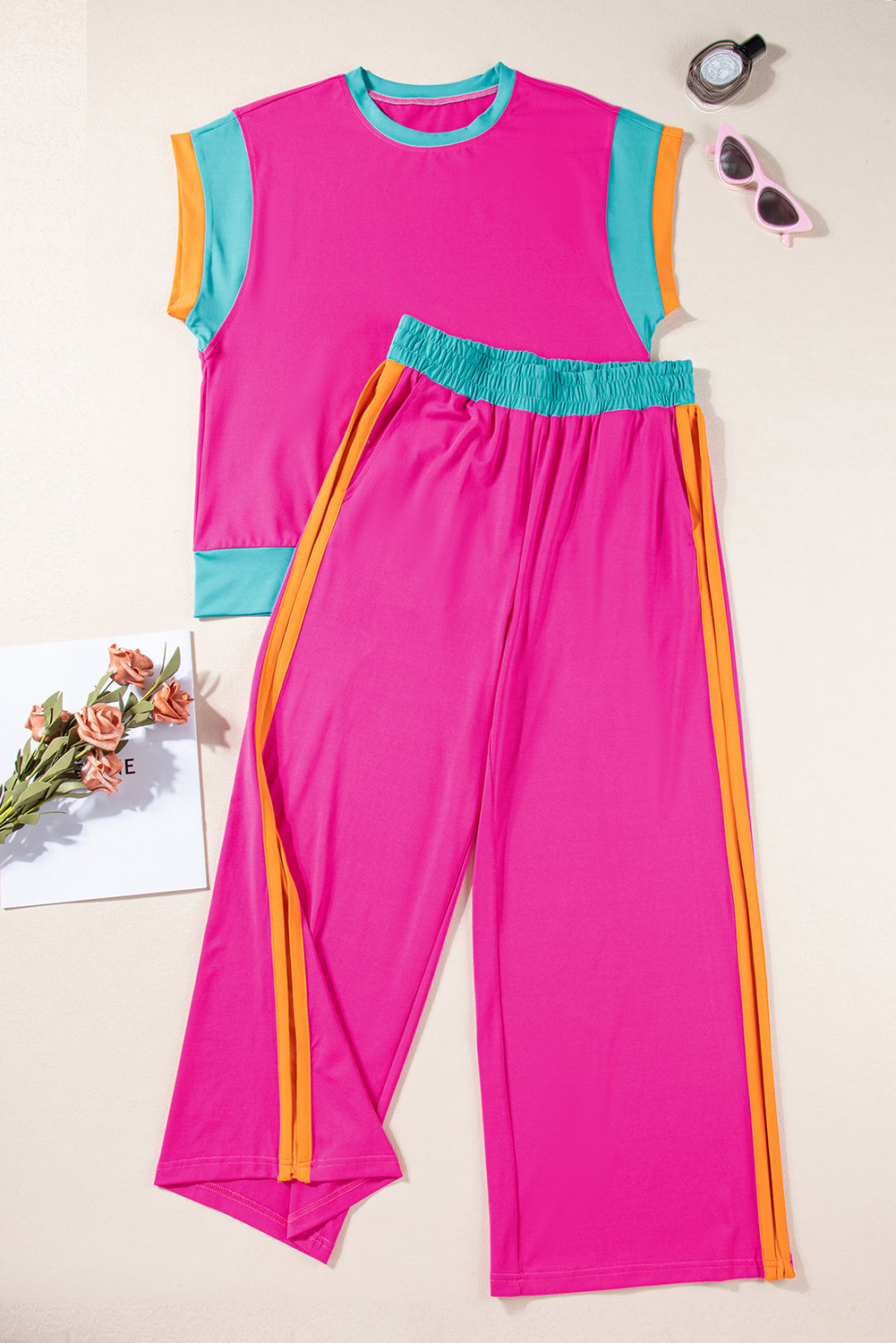 Strawberry Pink Colorblock Cap Sleeve Tee and Wide Leg Pants Set