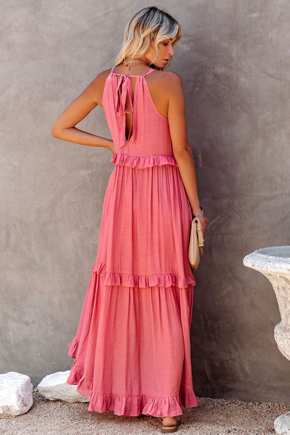 Pink Smocked Neckline Ruffle Hem Flowy Maxi Dress