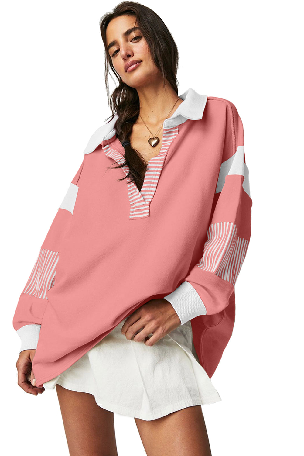 Sail Blue Striped Patchwork Collar Sweatshirt