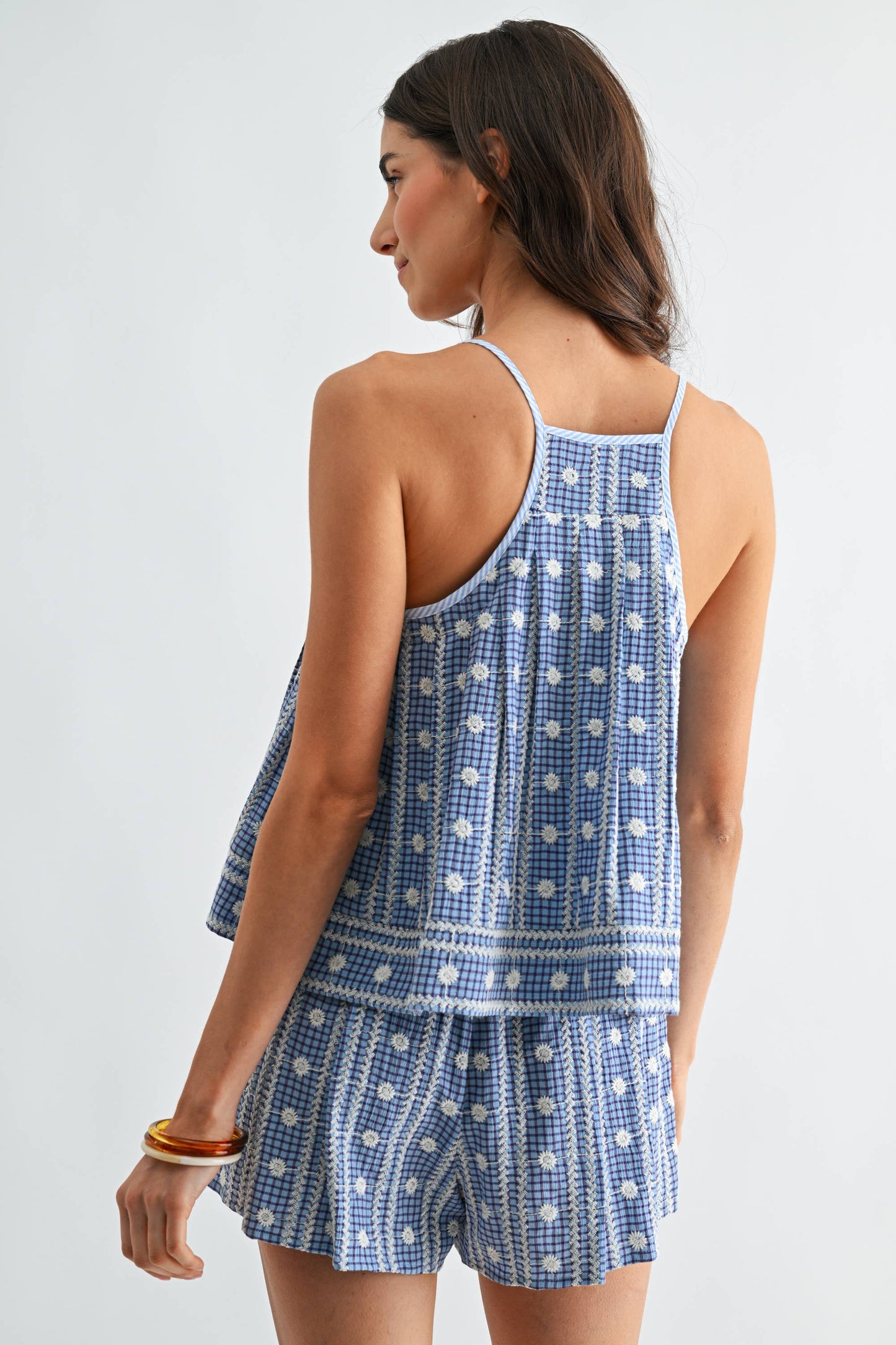 Embroidered Blue Checkered Shorts Set