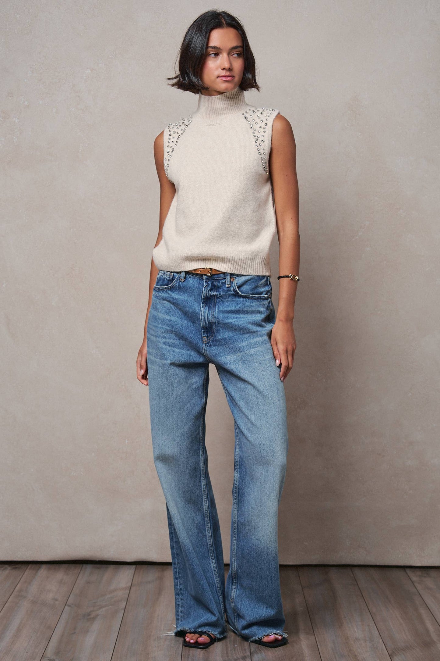 Crystal Embellished Sleeveless Mock Neck Knit Top