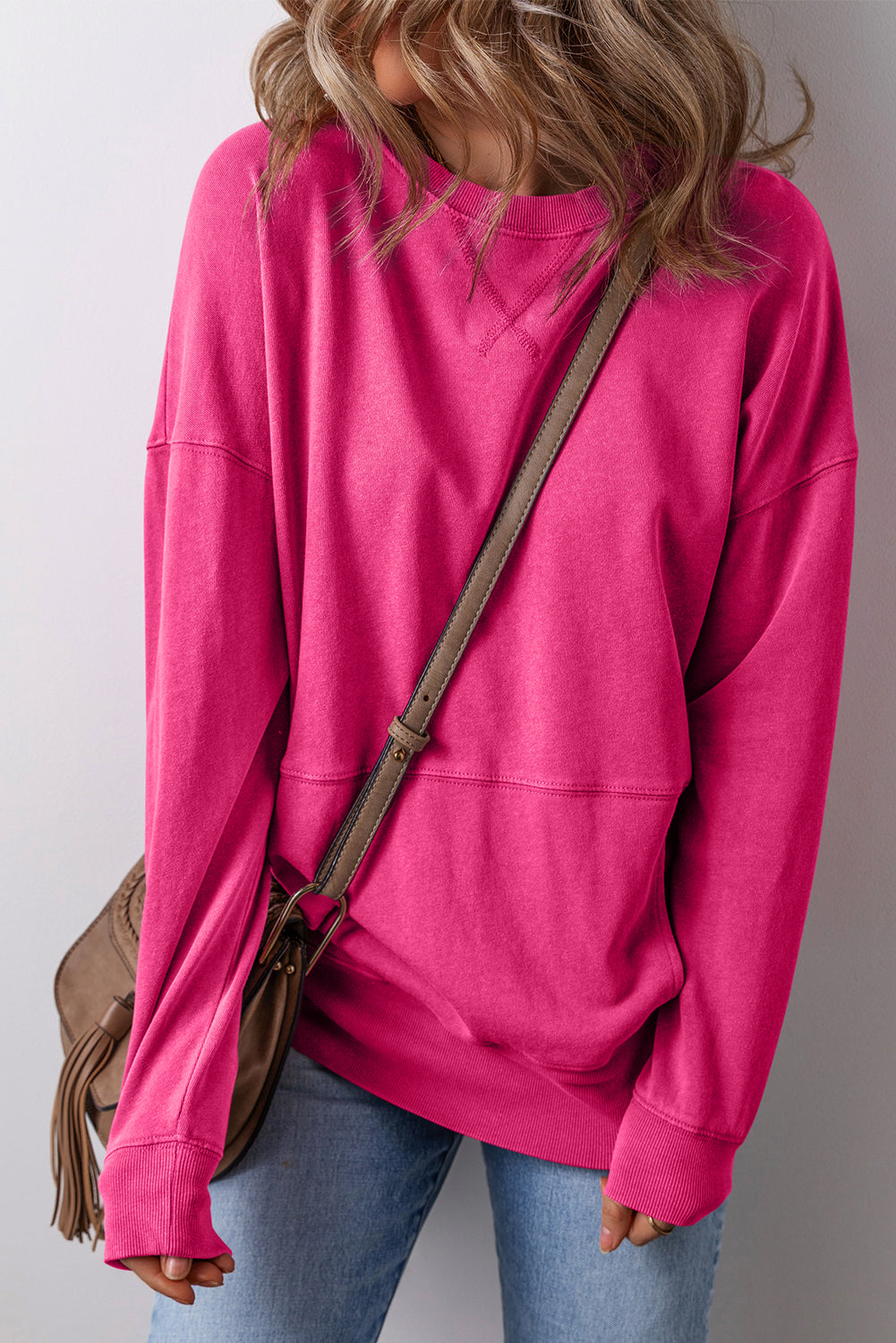 Rose Red Kangaroo Pocket Loose Fit Drop Shoulder Sweatshirt