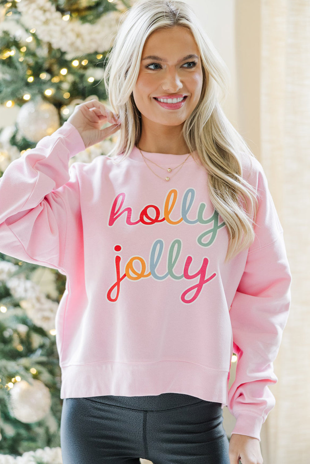 Pink holly jolly Printed Round Neck Sweatshirt