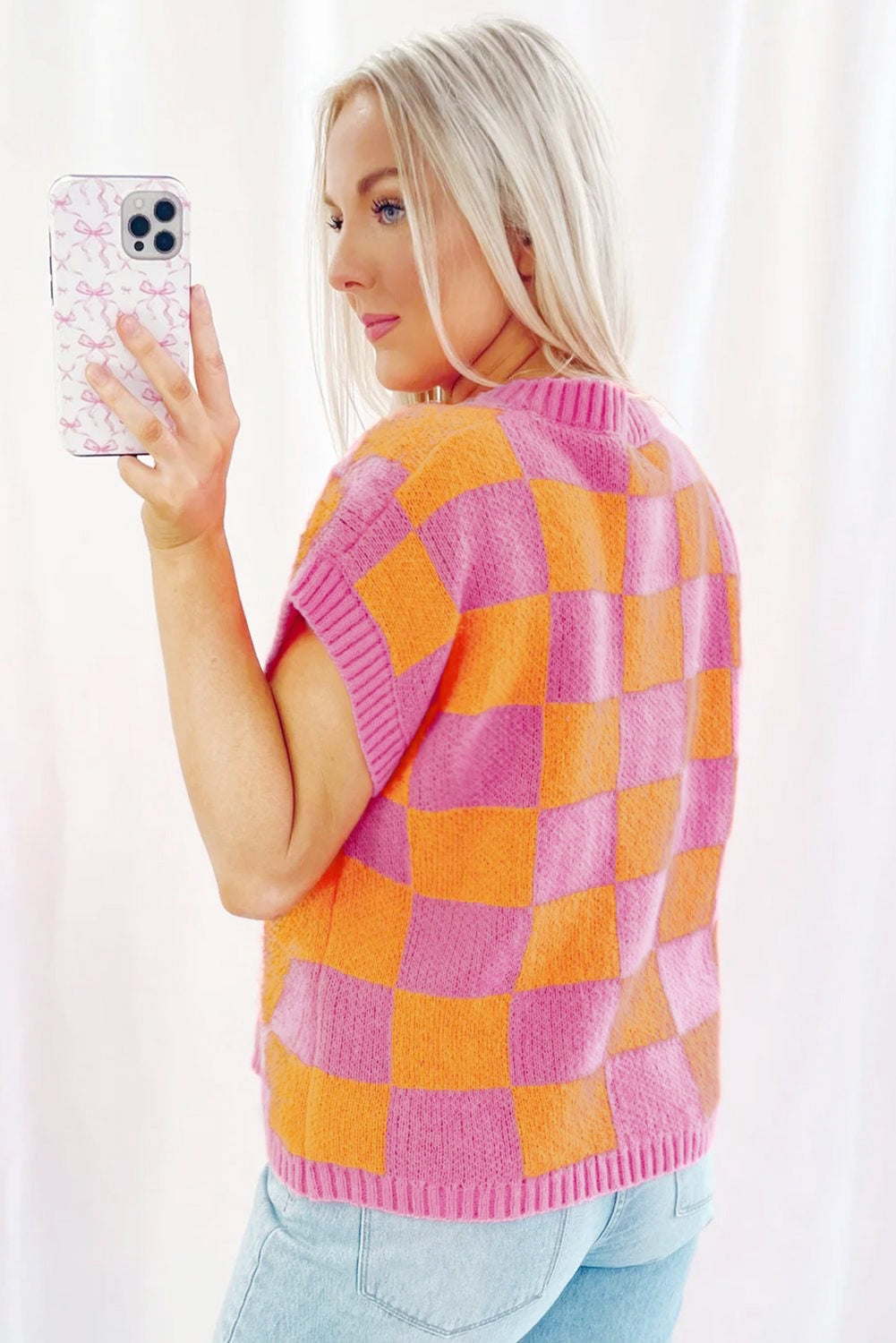 Wholesale Strawberry Pink Colorblock Plaid Knit Dolman Tee