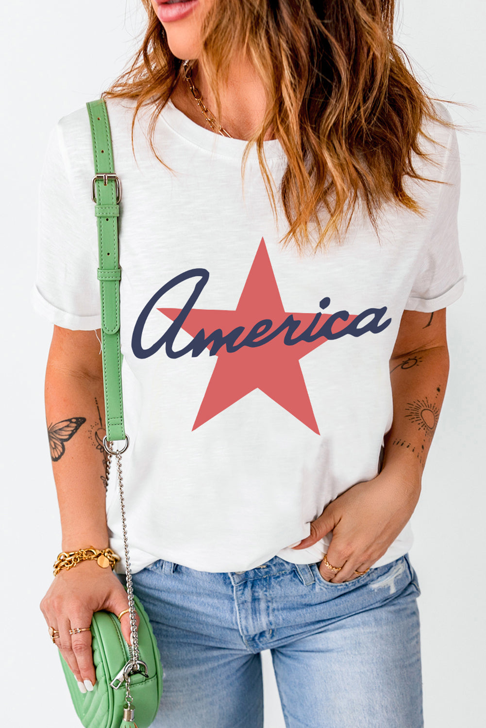 White America Star Shape Graphic O Neck Loose Fit T Shirt