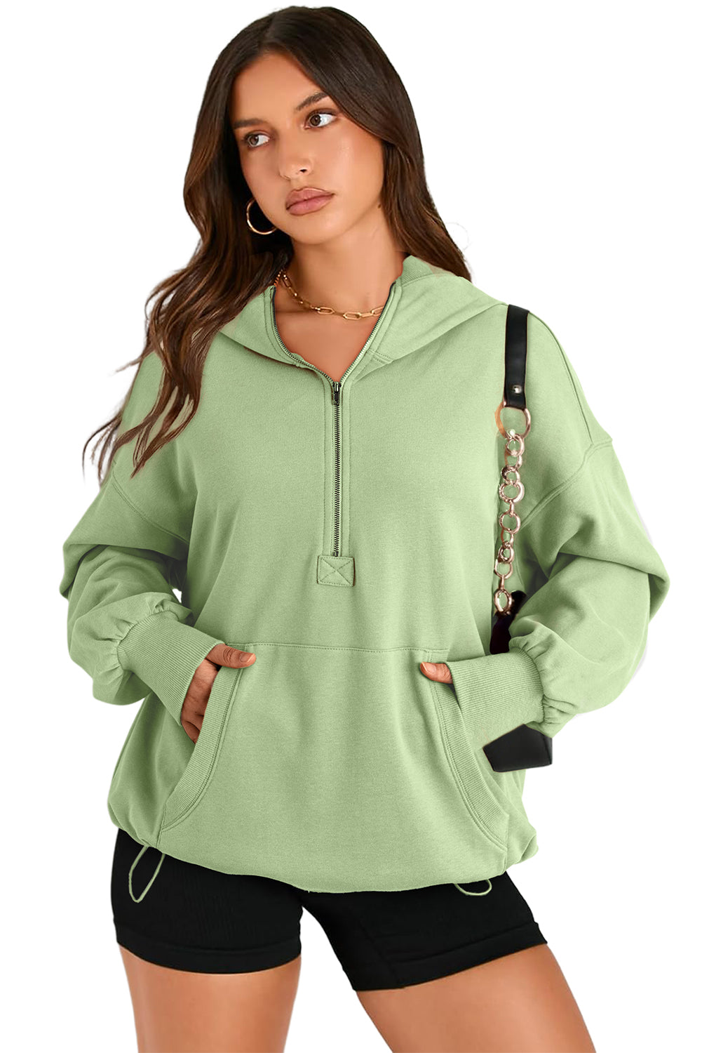 Parchment Kangaroo Pocket Half Zipper Oversized Hoodie