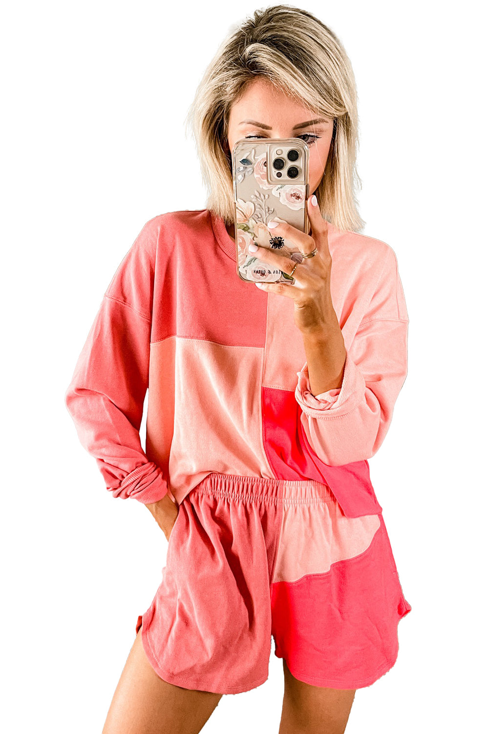 Peach Blossom Colorblock Long Sleeve Top & Pocketed Shorts Set