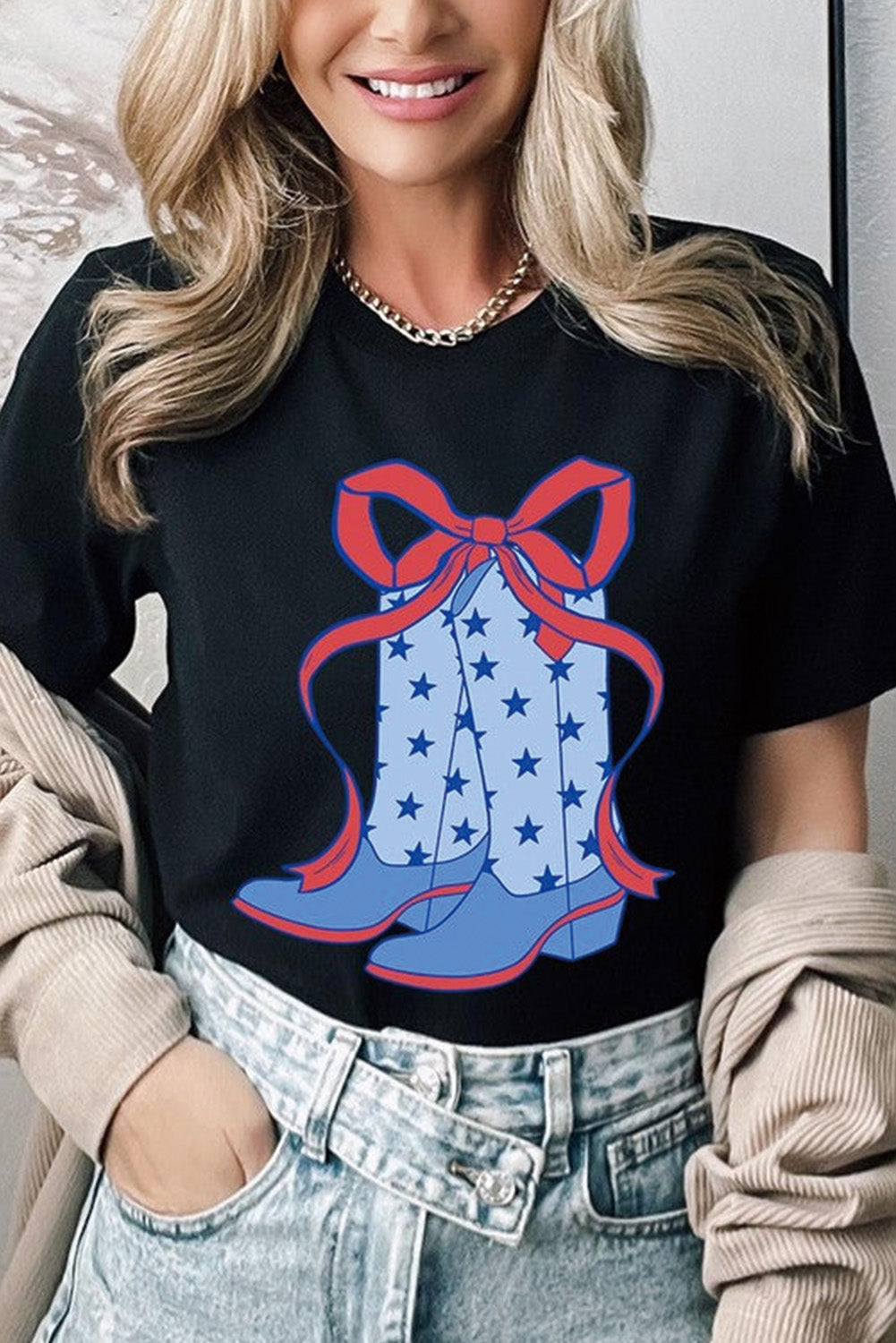 Black Star Boots Bow Knot Graphic Crew Neck T Shirt