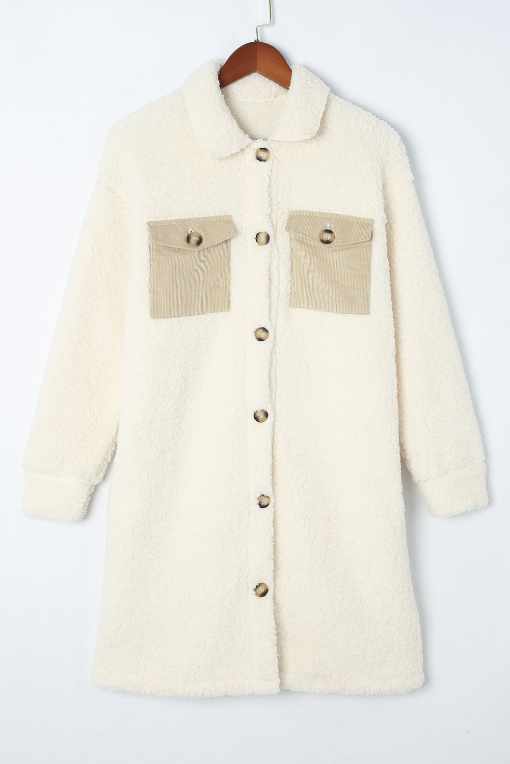 Khaki Contrast Flap Pocket Single Breasted Teddy Coat