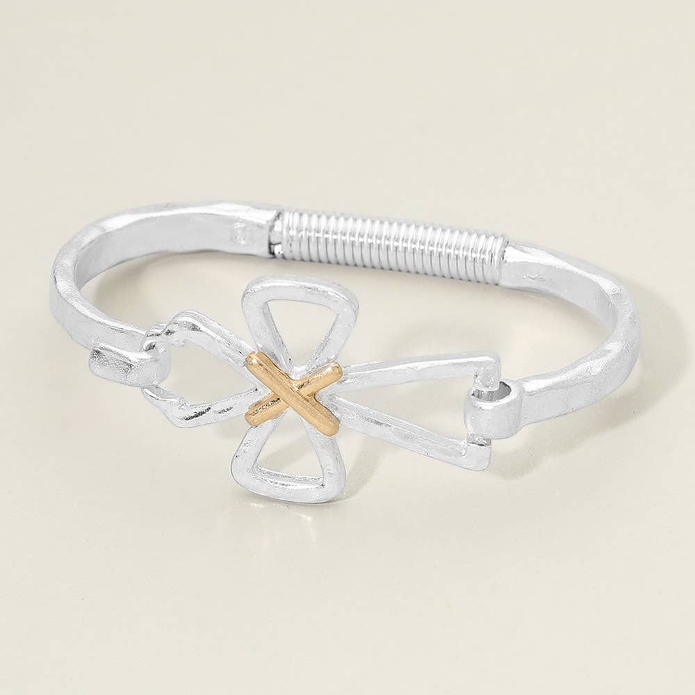 Hammered Metal Open Two Tone Cross Accent Hinged Bangle Bracelet