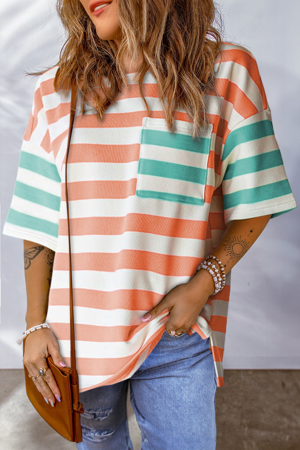 Orange Stripe Patch Pocket Drop Sleeve Slits T Shirt