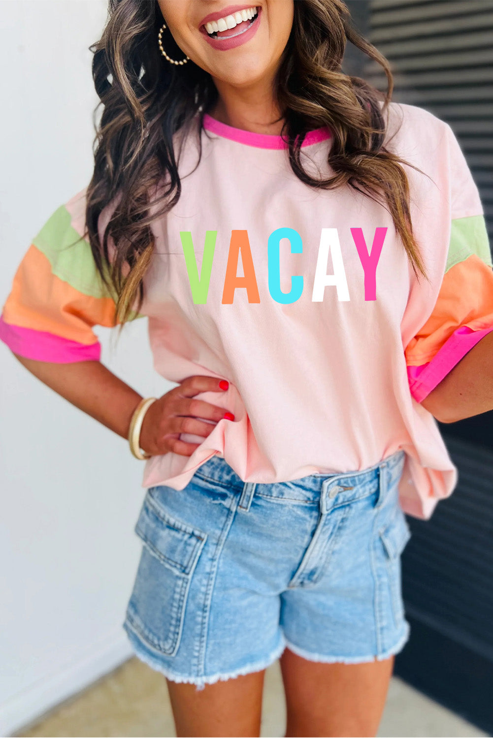 Pink Color Block VACAY Graphic Half Sleeve T Shirt