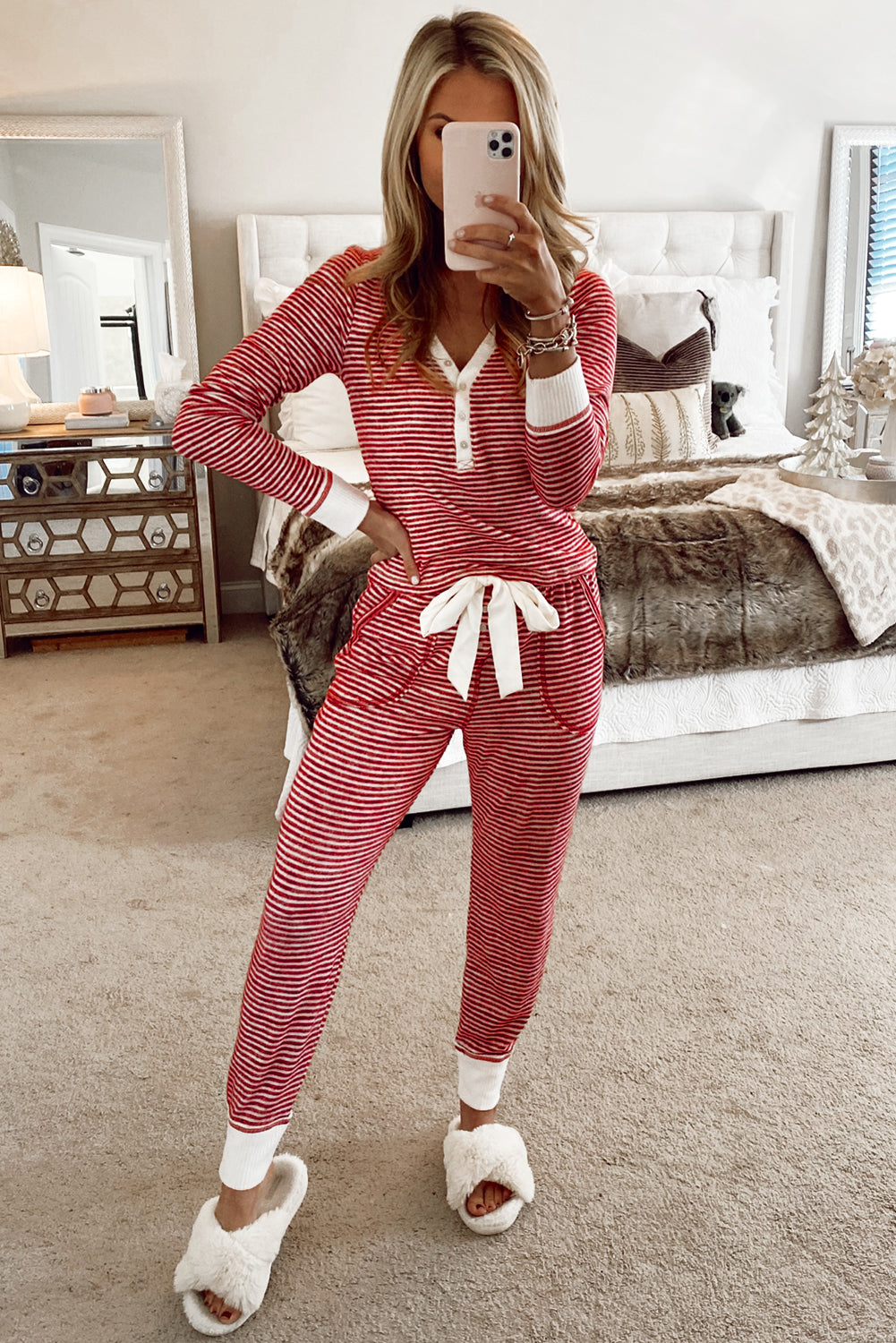 Red Stripe Buttoned V Neck Top and Knotted Waist Pants Pajama Set