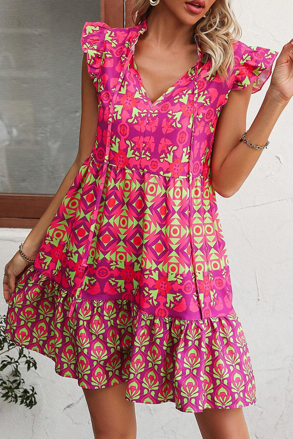 Sachet Pink Floral Print Ruffle Sleeveless Tie Neck Short Dress